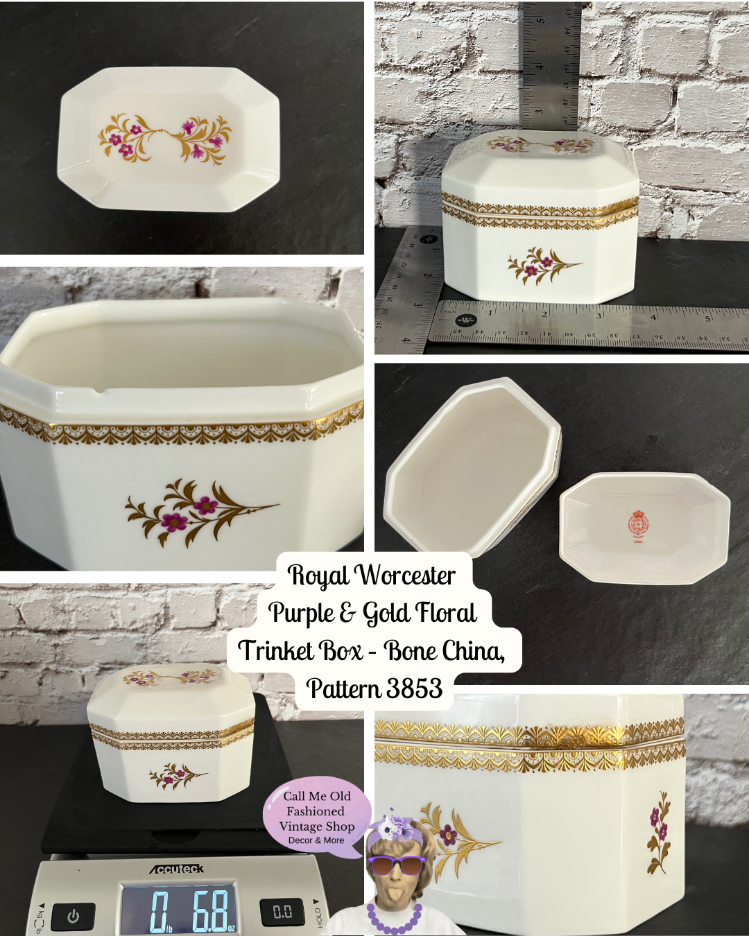Royal Worcester Purple & Gold Floral Trinket Box – Bone China, Pattern 3853