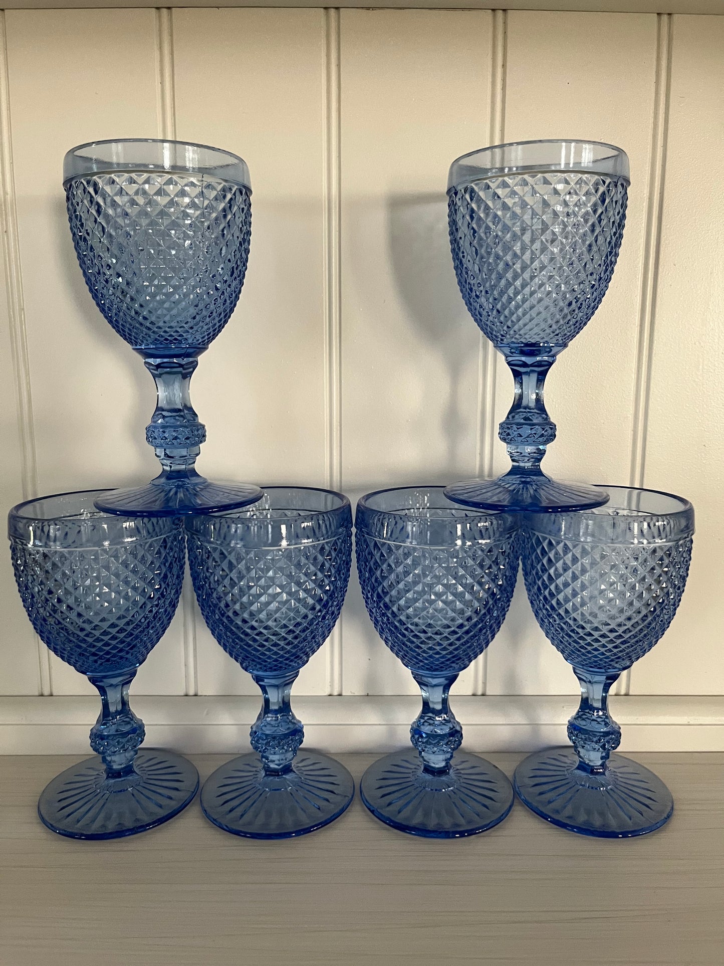Vintage Vista Alegre Bicos Blue Goblets – Diamond Point Pattern, 8 oz, Set of 6 (Portugal, 1970s–1980s)