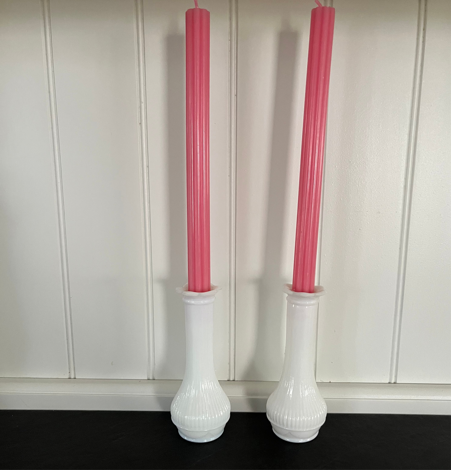 Vintage Loeffler Randall White Milk Glass Bud Vase Pair- Scalloped Daisy Flower Petal Lip - 6" High
