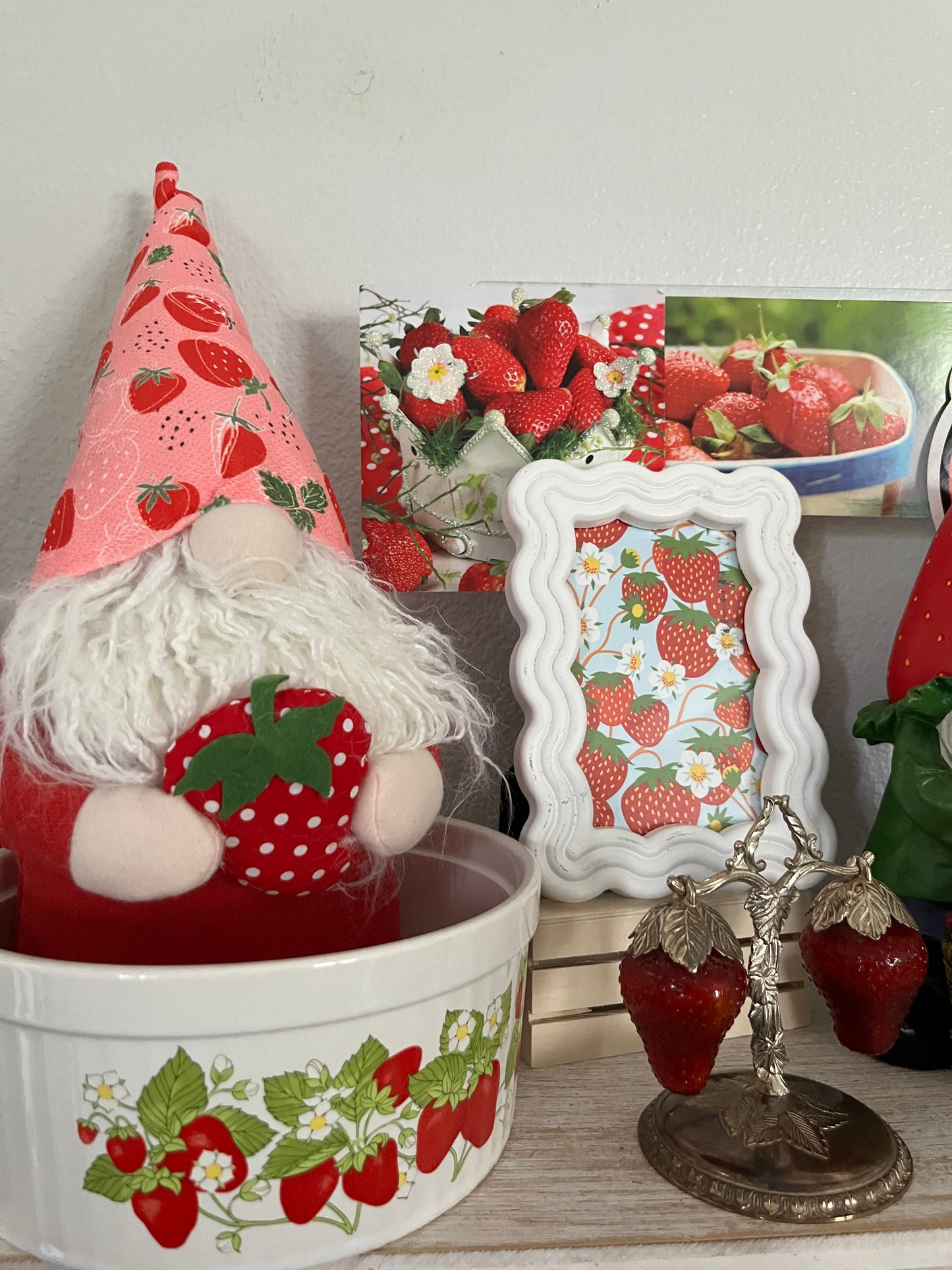 Whimsical Fabric Gnome with Strawberry Hat and Strawberry Fruit - Summer Table Décor - 16.5” Height