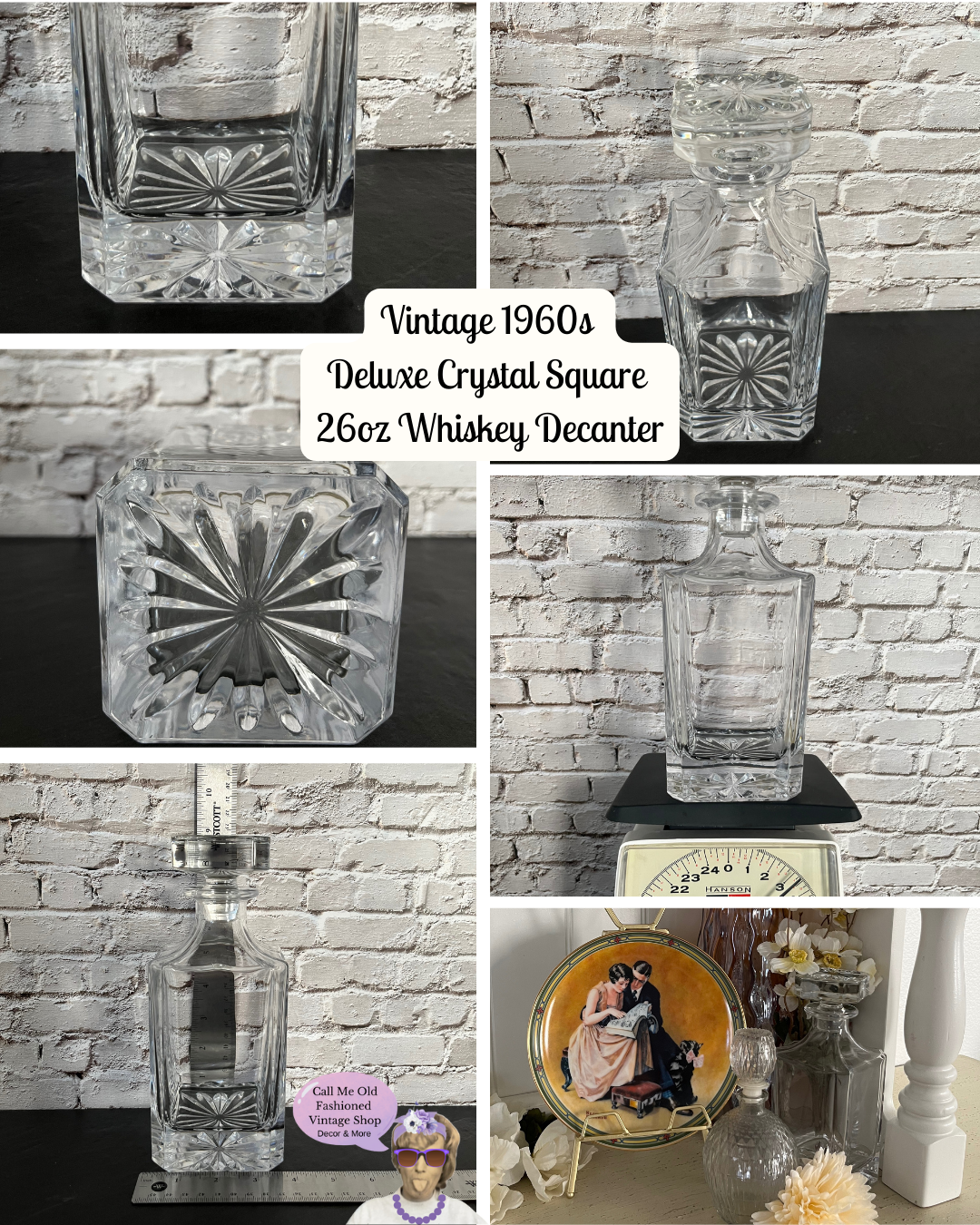 Vintage 1960s Deluxe Crystal Square 26oz Whiskey Decanter – Octagonal Stopper & Gatsby Elegance