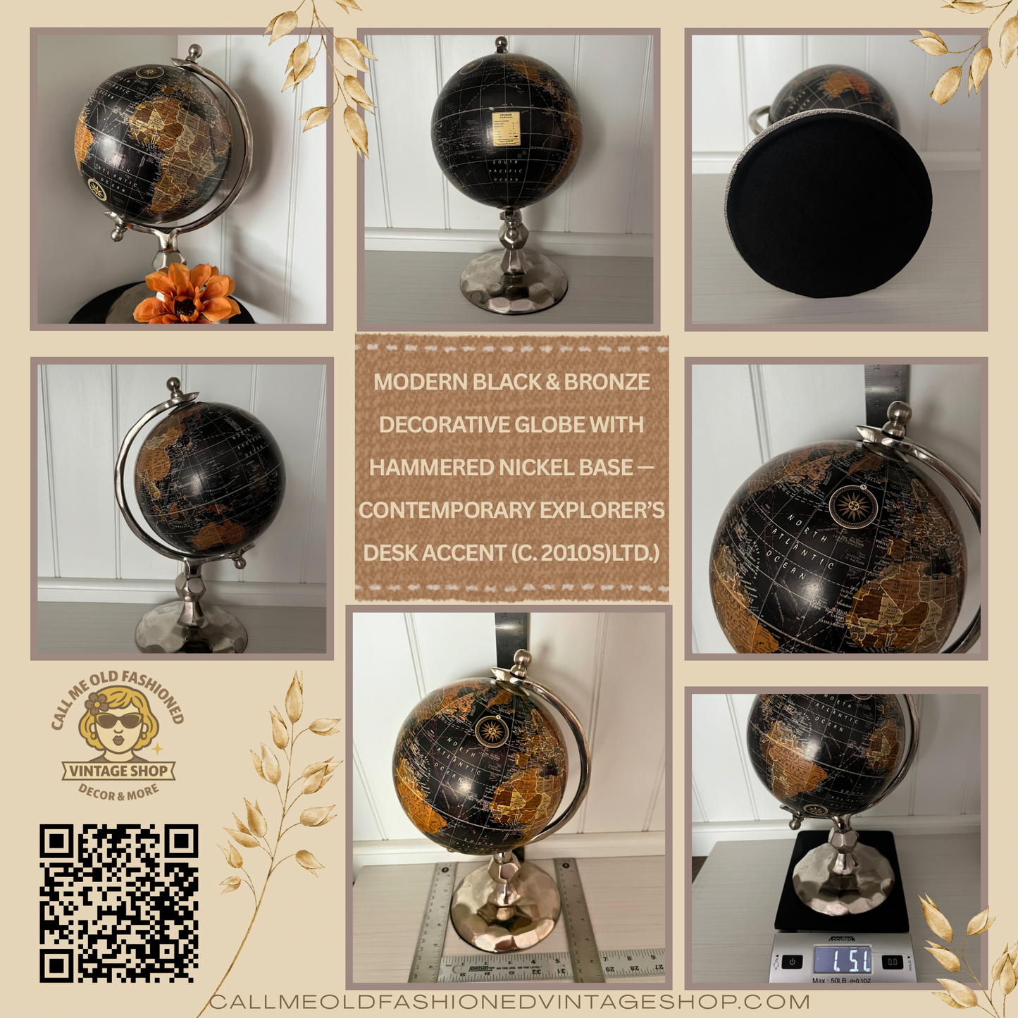 Modern Black & Bronze Decorative Globe with Hammered Nickel Base — Contemporary Explorer’s Desk Accent (c. 2010s)