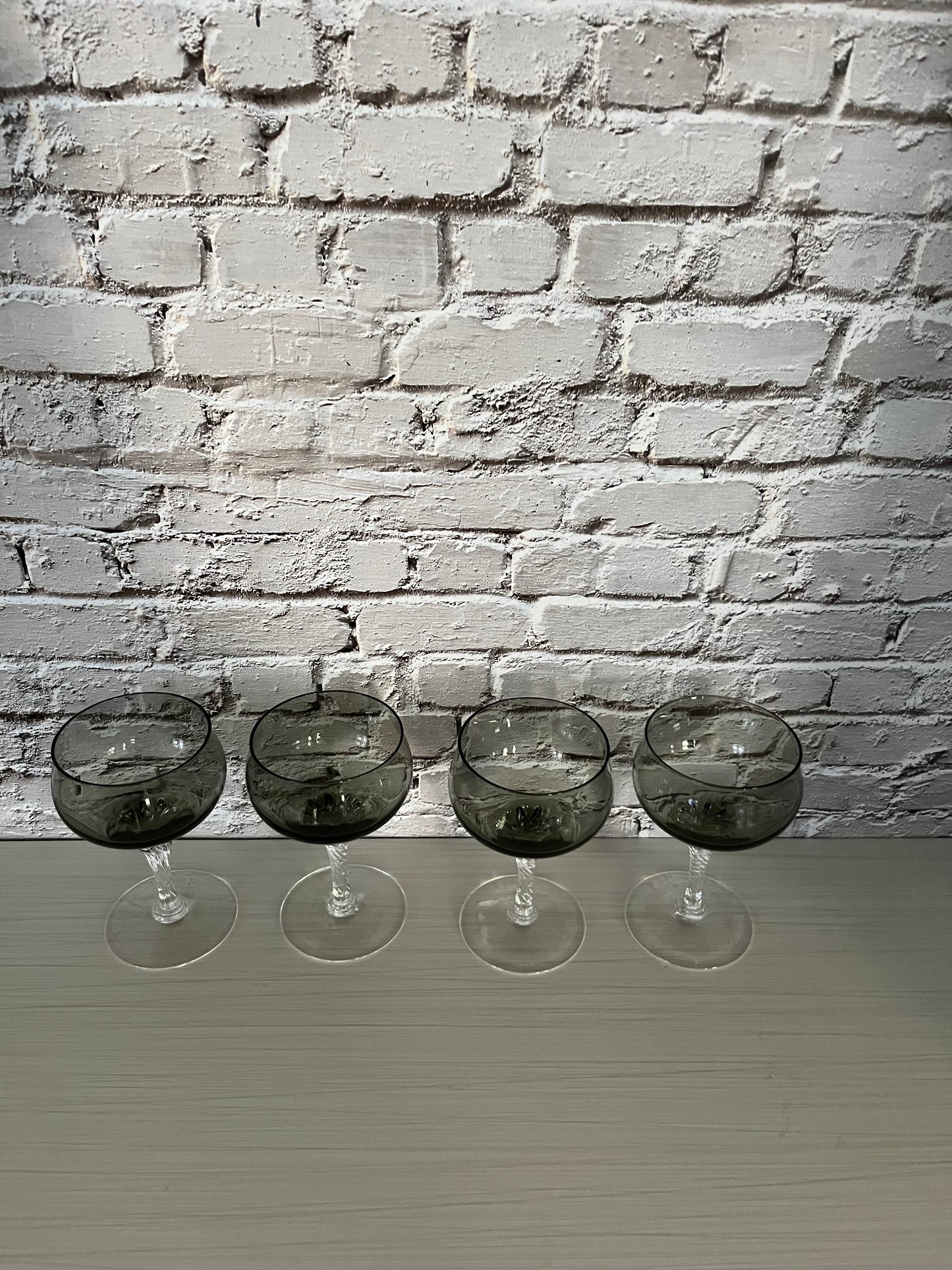 1980s Sasaki “Coronation-Smoke” Champagne Coupes – Set of 4 Blown Glass