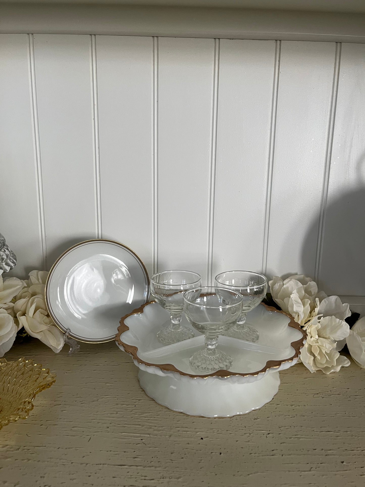 Vintage 1950s Anchor Hocking Fire-King Milk Glass Divided Relish Tray – Gold Trim Elegance
