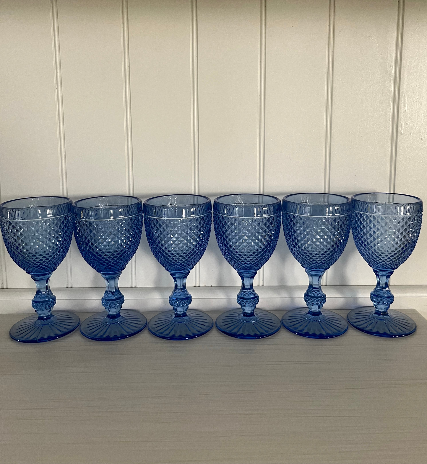 Vintage Vista Alegre Bicos Blue Goblets – Diamond Point Pattern, 8 oz, Set of 6 (Portugal, 1970s–1980s)