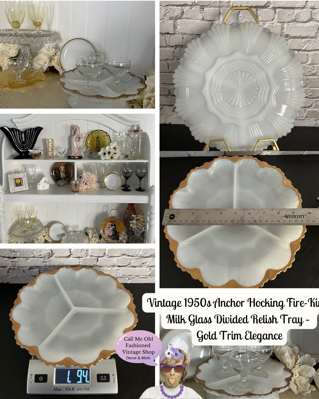 Vintage 1950s Anchor Hocking Fire-King Milk Glass Divided Relish Tray – Gold Trim Elegance