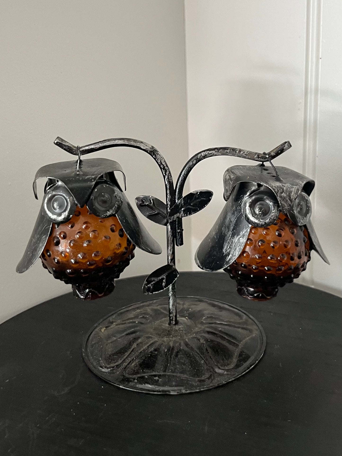Vintage Brown Hobnail Glass Owl Salt & Pepper Shaker Set with Black Metal Tree Stand (c. 1960s–1970s)