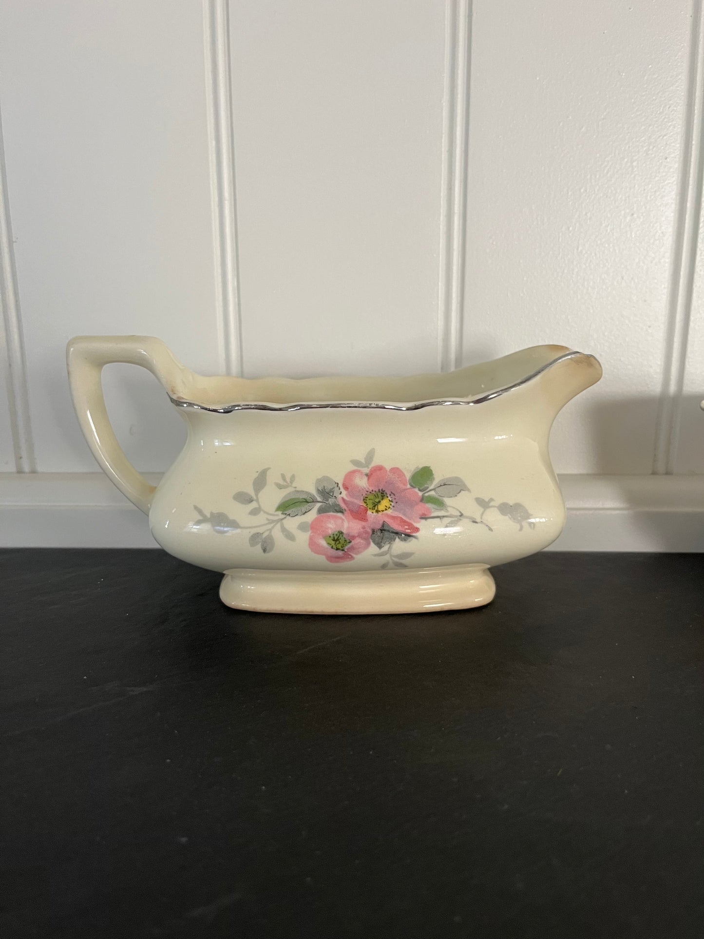 1940s Vintage W.S. George Lido “Wild Rose” Gravy Boat – Ceramic with Silver Trim