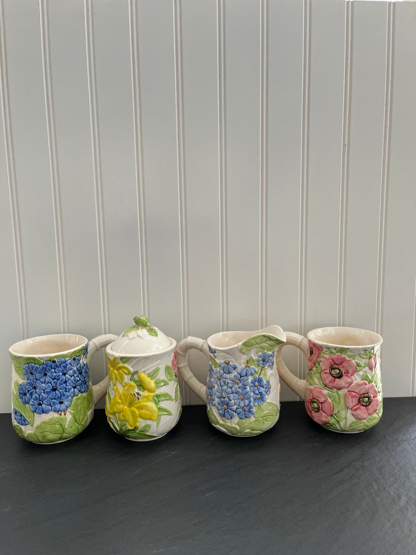 Vintage 1988 Shafford Fleurs Du Jour Sugar & Creamer Set with 2 Mugs - Colorful 3D Raised Embossed Flowers