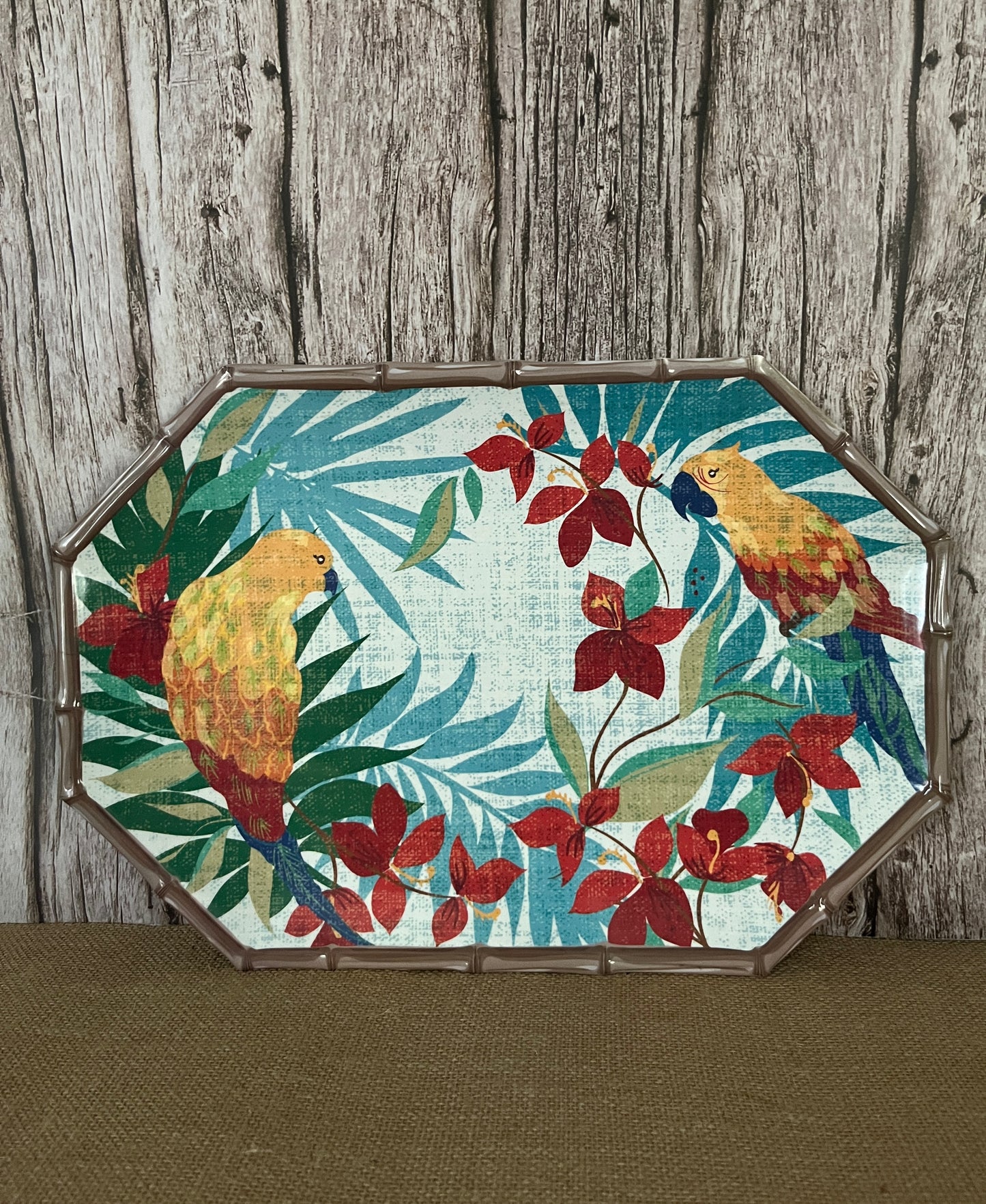 Vintage Melamine Tropical Parrots & Birds Serving Tray with Flowers & Bamboo, 15” x 11”