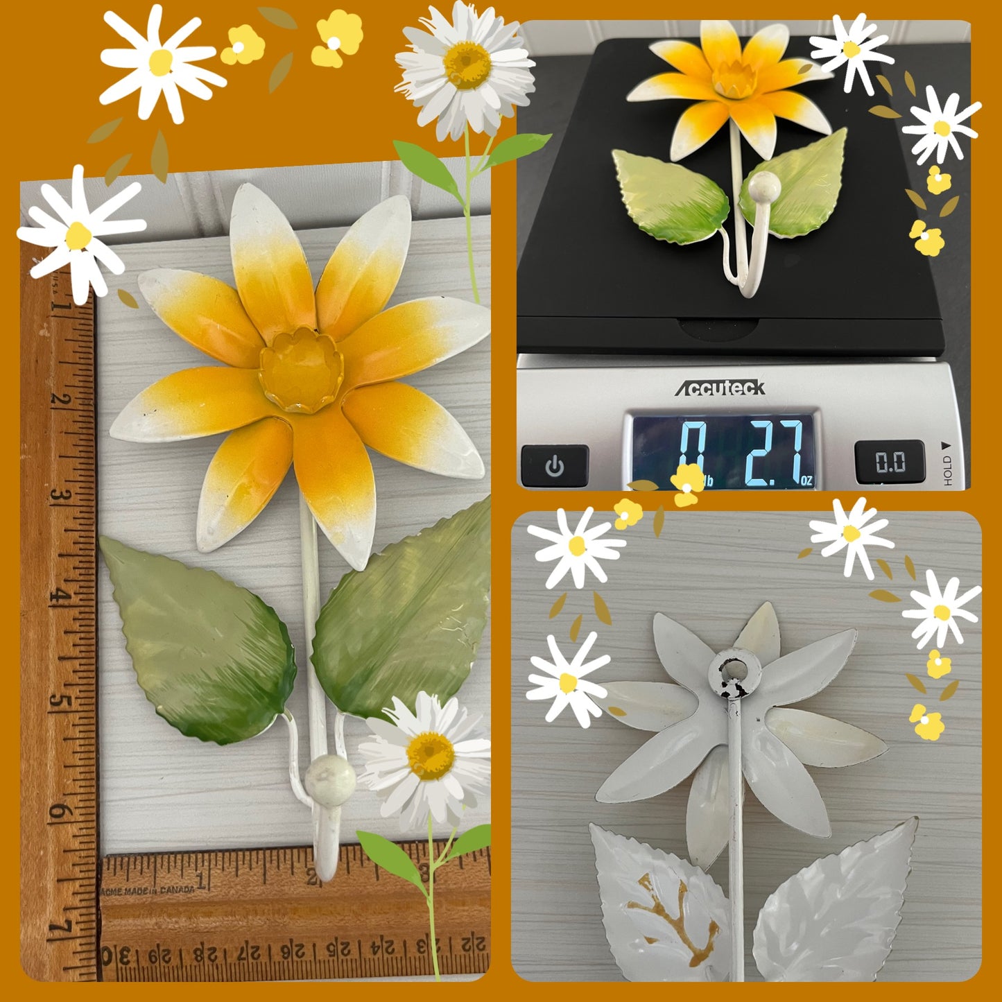Vintage Toleware Metal Flower Hook - Retro Seventies Daisy Design