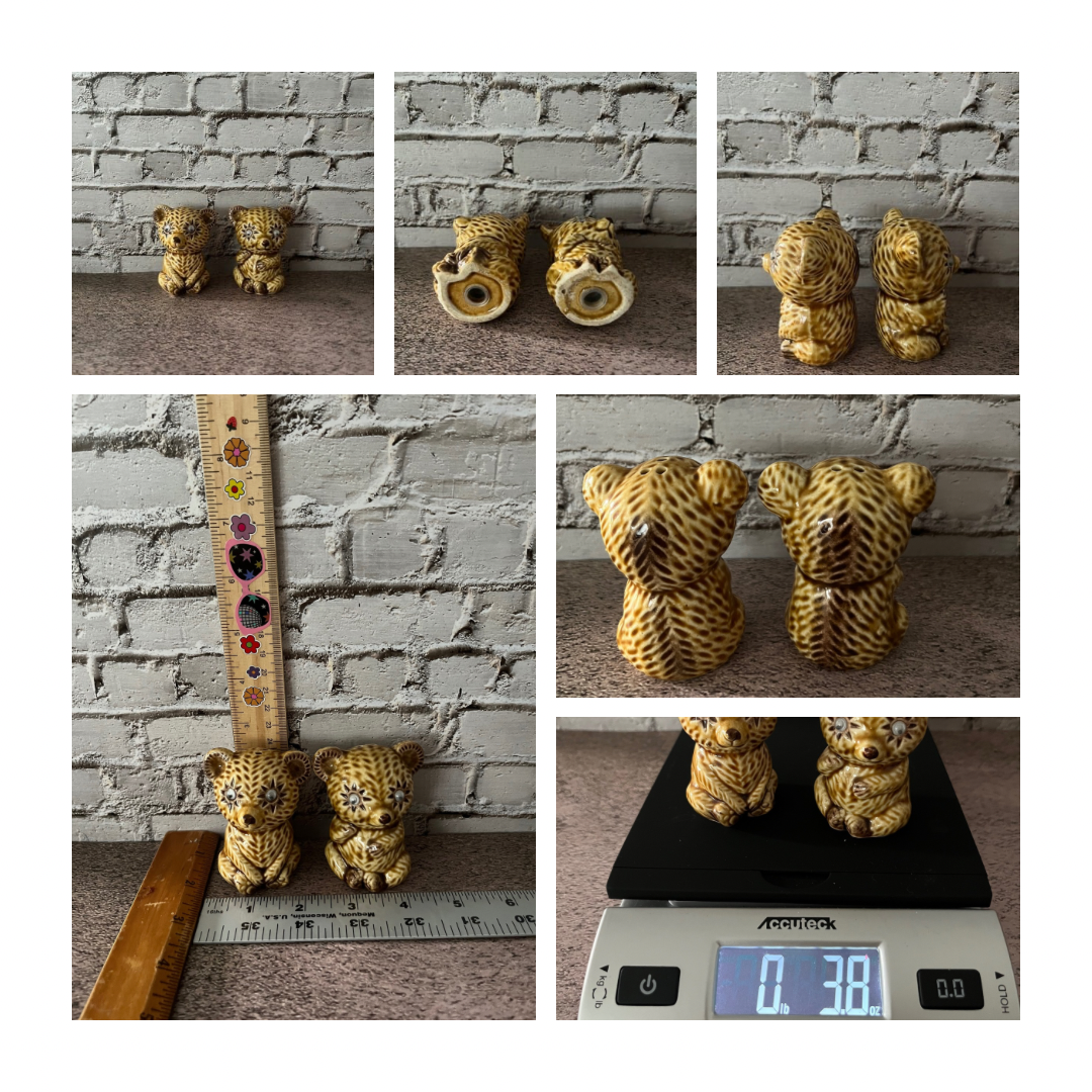 Vintage Googly Eyed Ceramic Tawny 70’s Patchwork Style Bear Cub Salt & Pepper Shakers