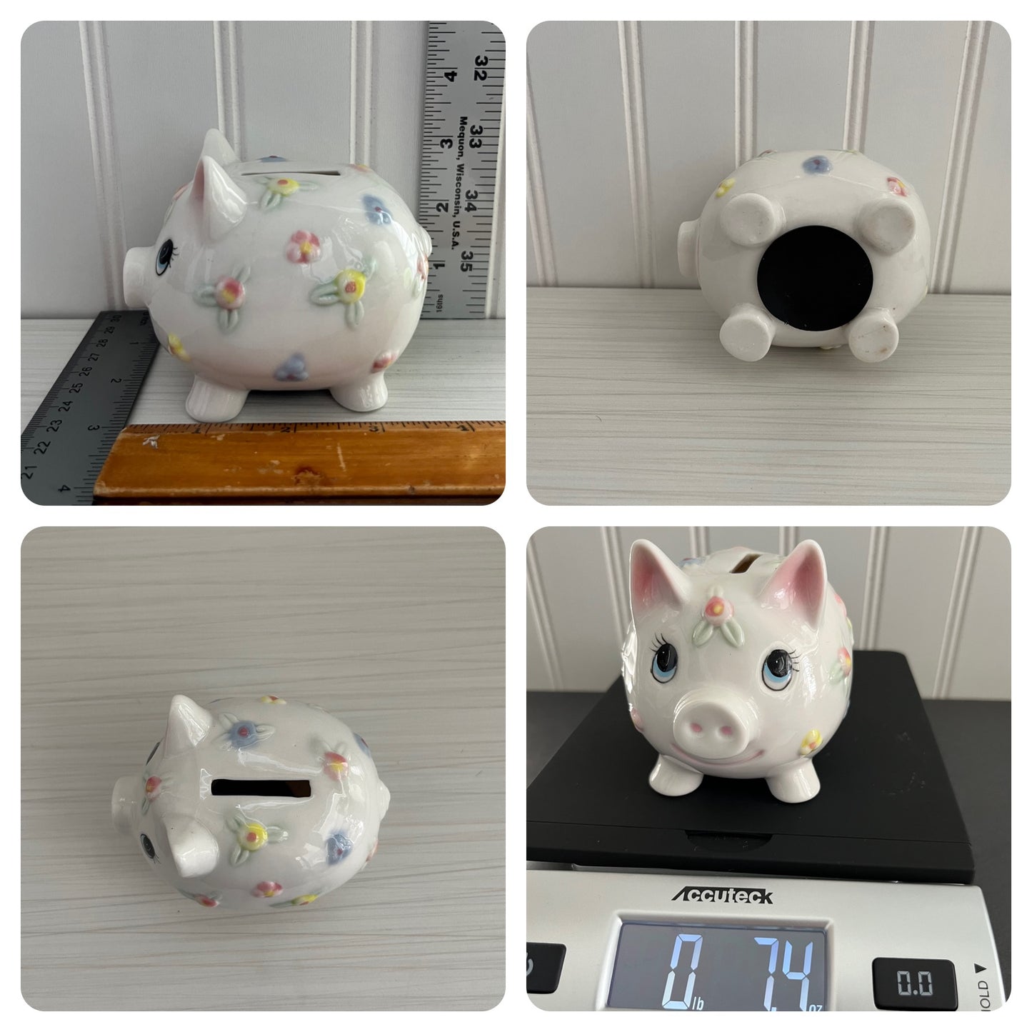 Vintage Kitsch Circa 2000 White Porcelain Piggy Bank - Embossed Pastel Floral Design