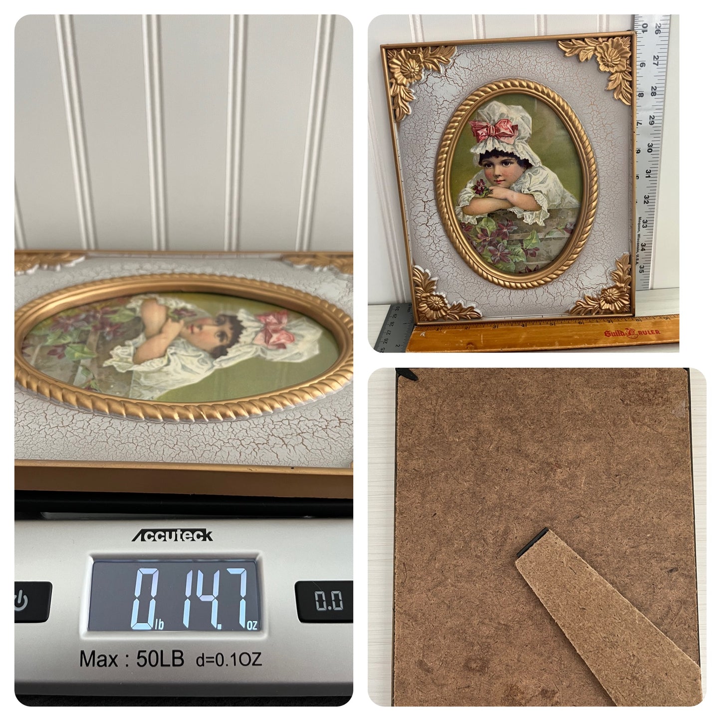 1880s-90s Style Young Girl in White Dress Mob Cap Bonnet with Pink Ribbon Art Print in Vintage Decorative White/Gold Plastic Frame