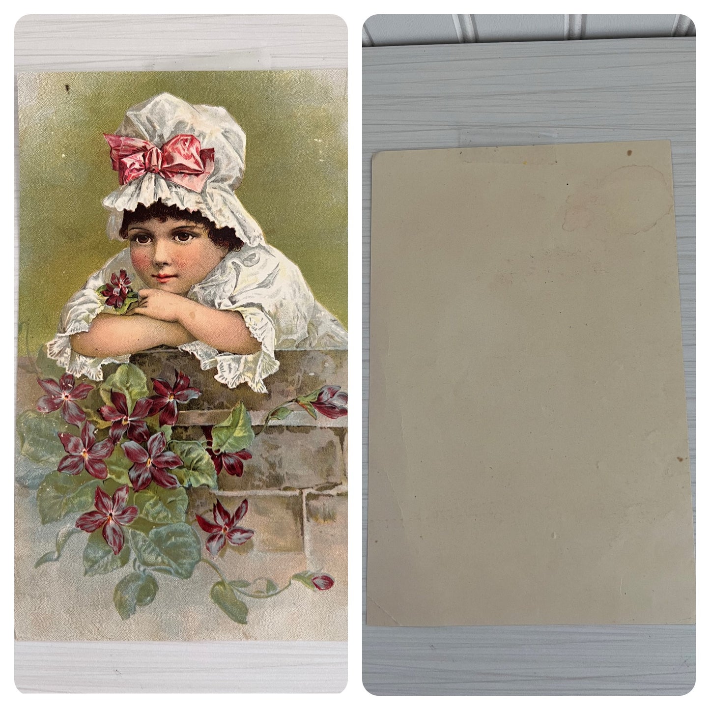1880s-90s Style Young Girl in White Dress Mob Cap Bonnet with Pink Ribbon Art Print in Vintage Decorative White/Gold Plastic Frame
