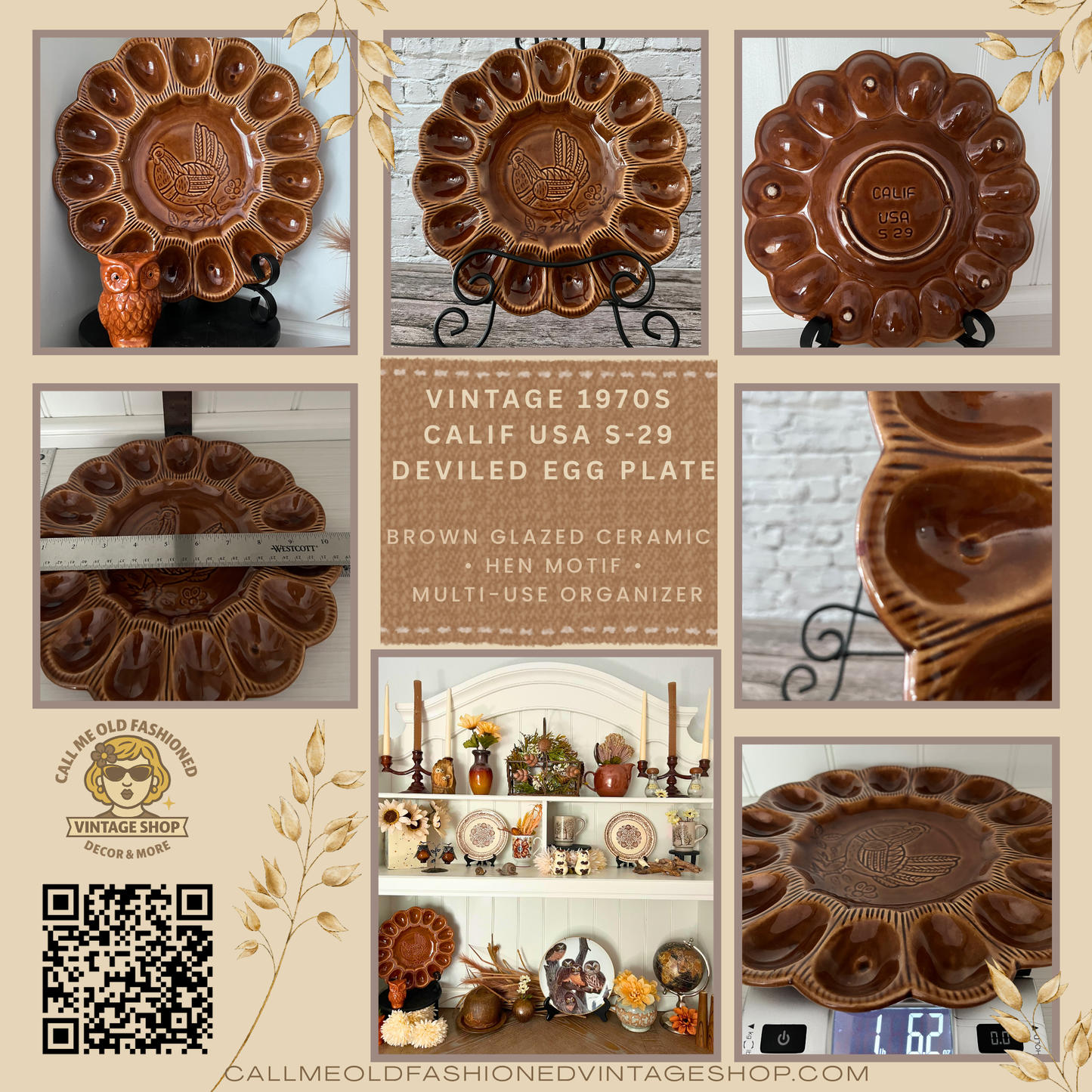 Vintage 1970s Calif USA S-29 Deviled Egg Plate
Brown Glazed Ceramic • Hen Motif • Multi-Use Organizer