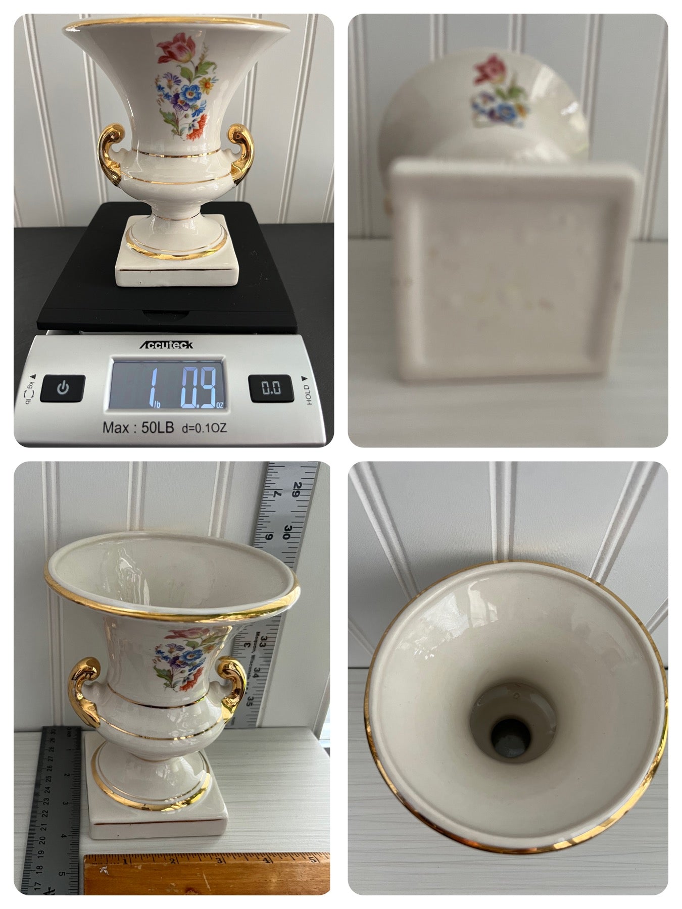 Vintage European Trophy Vase – Campana Floral Design with Gold Trim – Porcelain Urn Style with Footed Pedestal – 8” Tall, 3” Wide – 1 lb 9 oz