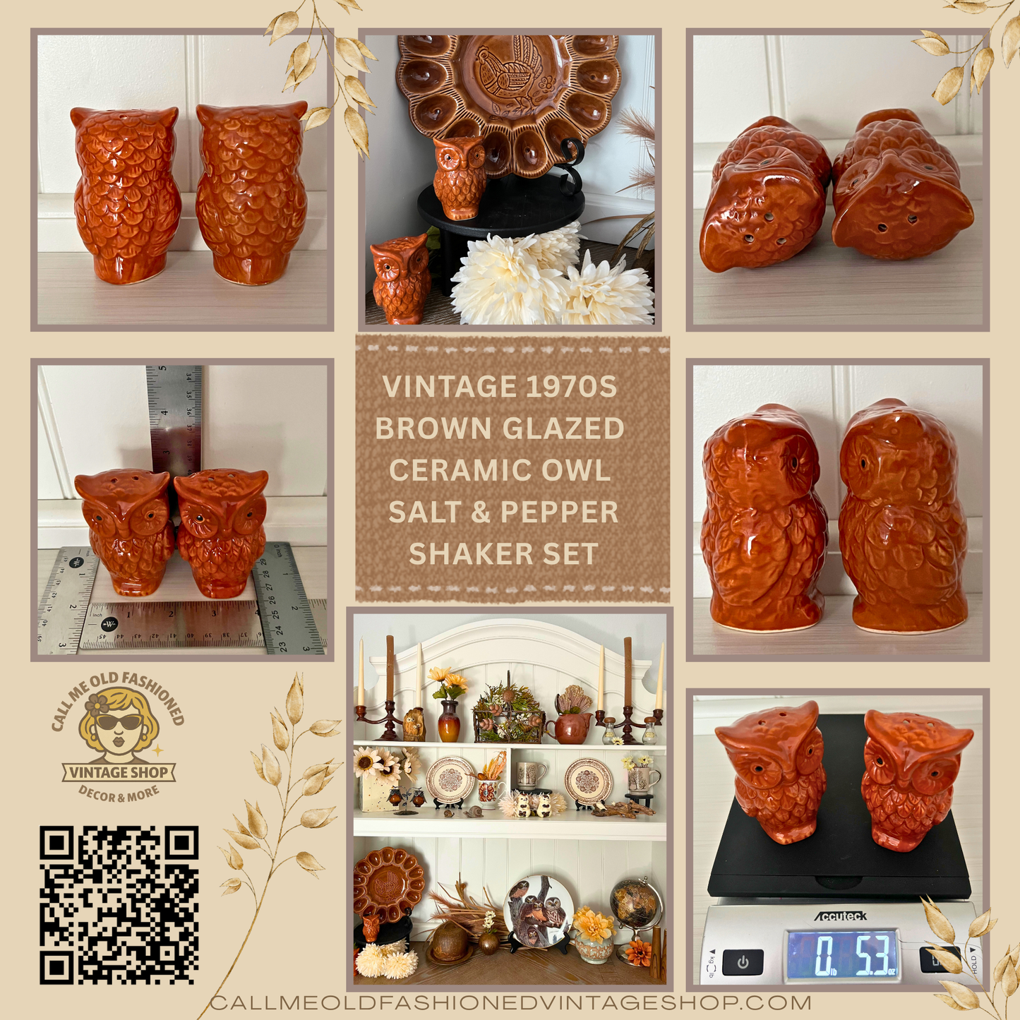 Vintage 1970s Brown Glazed Ceramic Owl Salt & Pepper Shaker Set |