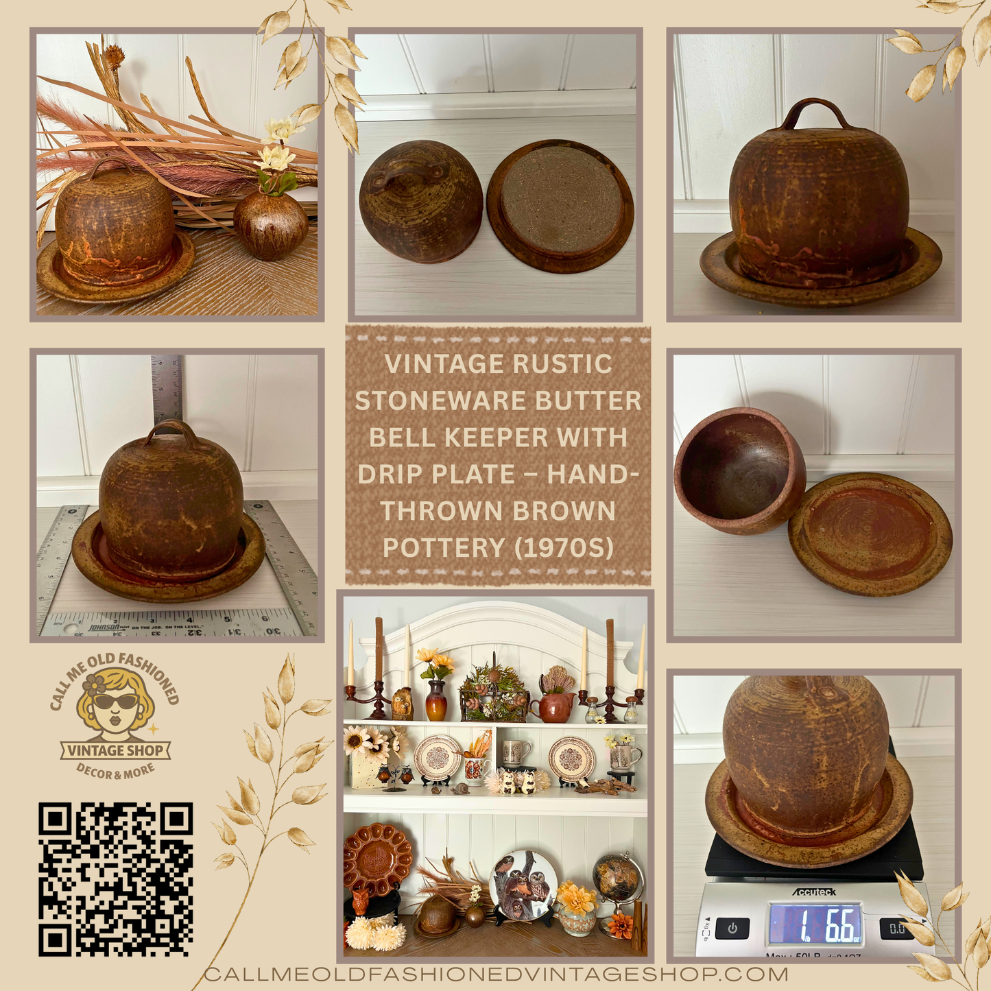 Vintage Rustic Stoneware Butter Bell with Drip Plate, Cheese Keeper– Hand-Thrown Brown Pottery (1970s)