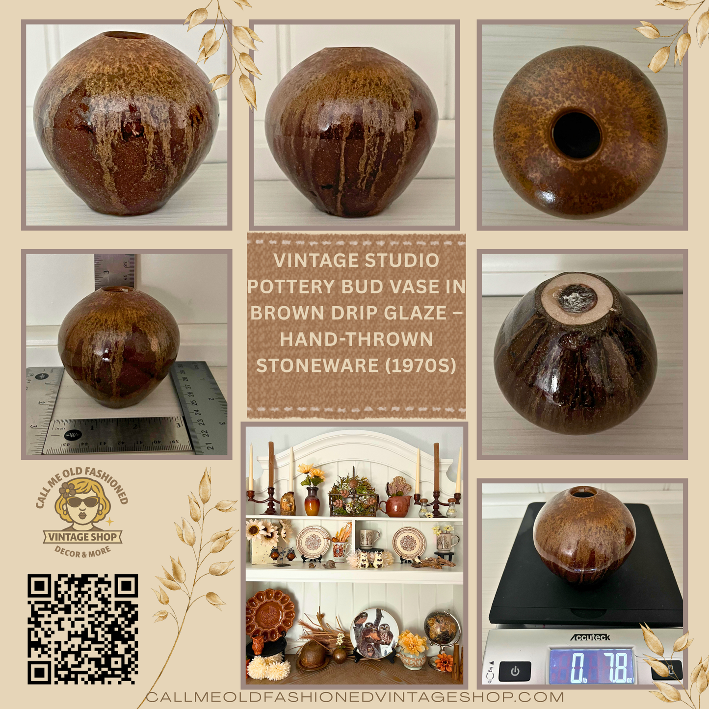 Vintage Petite Art Studio Pottery Bud Vase in Brown Drip Glaze – Hand-Thrown Stoneware (1970s)