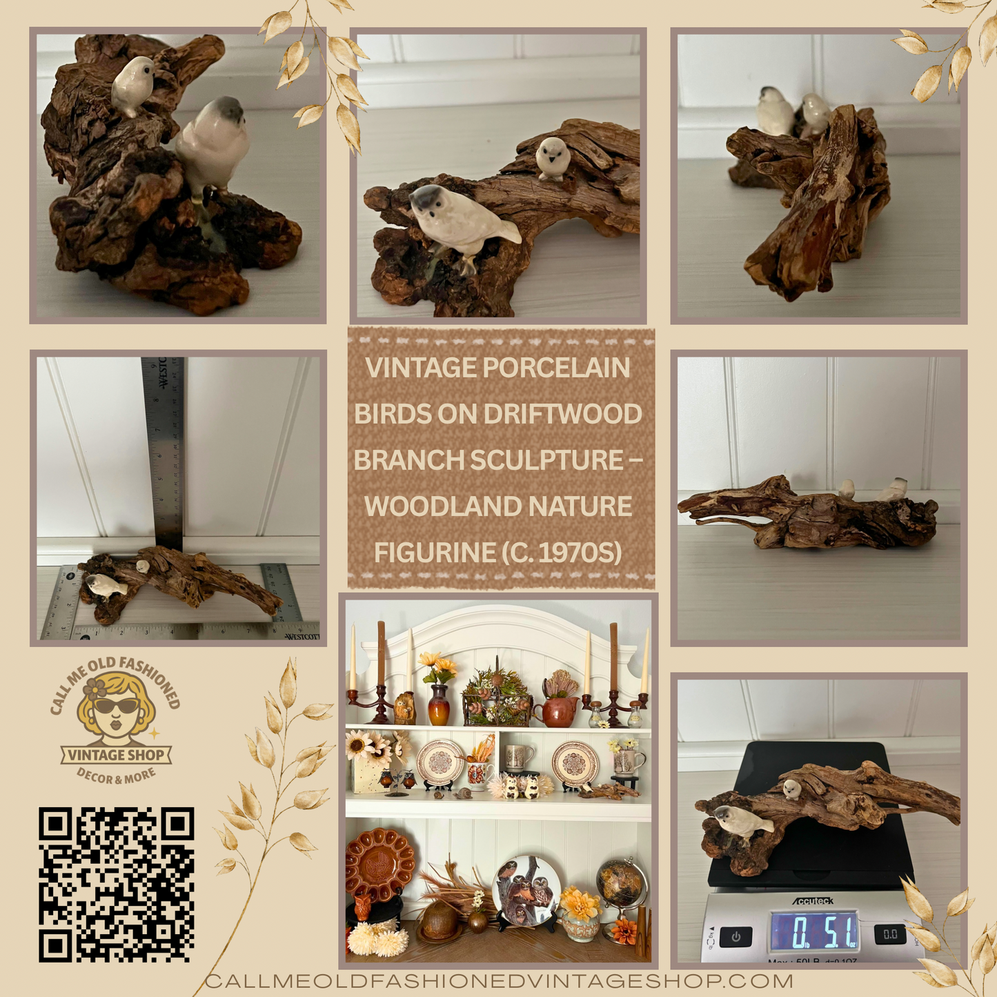 Vintage Porcelain Birds on Driftwood Branch Sculpture – Woodland Nature Figurine (c. 1970s)