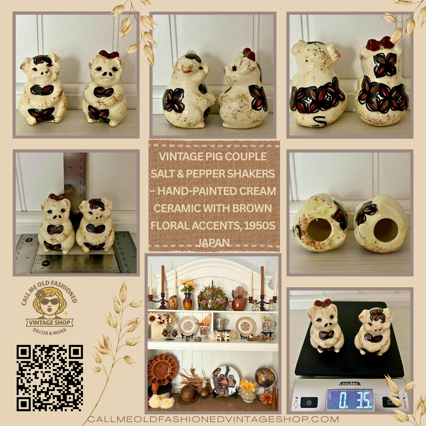Vintage Pig Couple Salt & Pepper Shakers – Hand-Painted Cream Ceramic with Brown Floral Accents, 1950s Japan