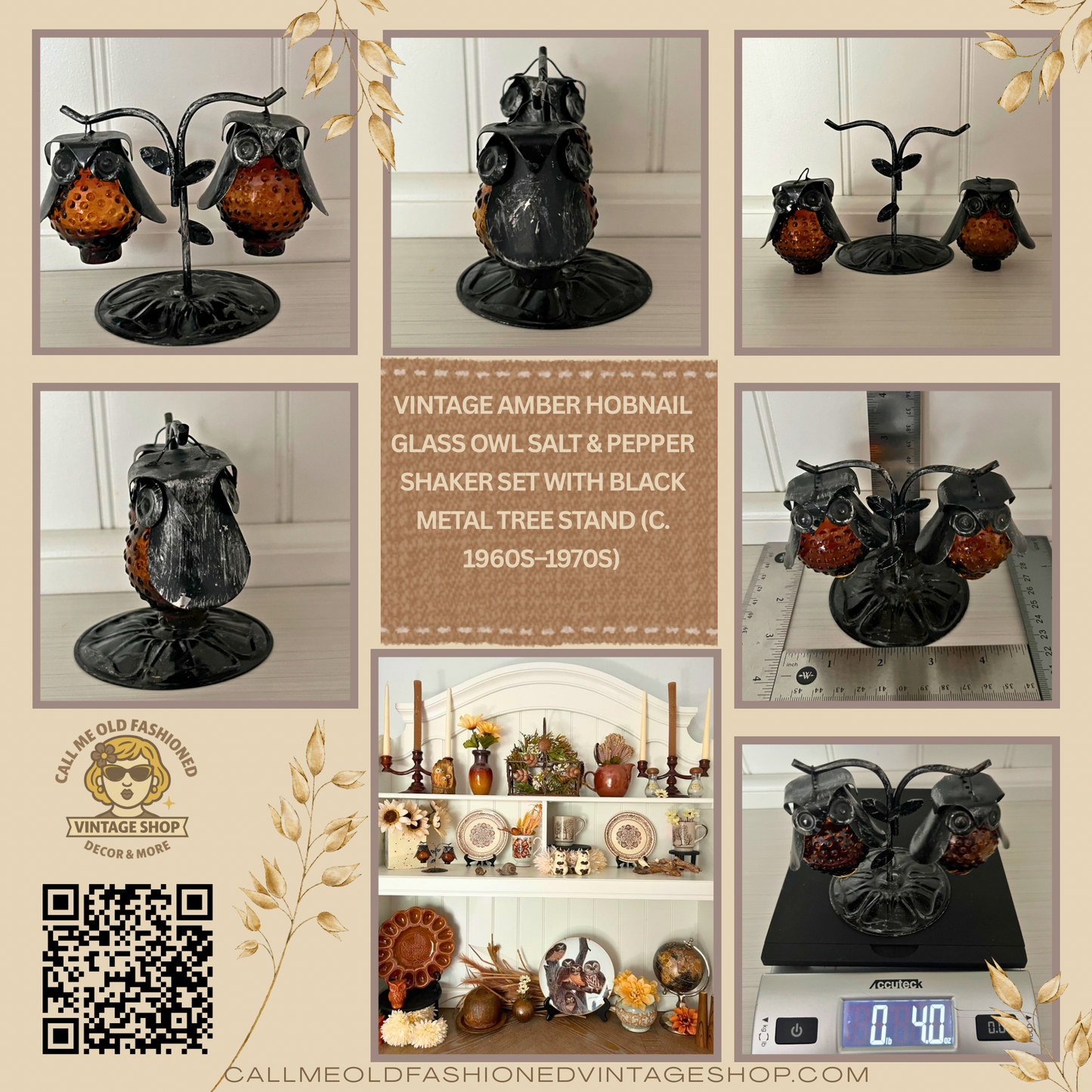 Vintage Brown Hobnail Glass Owl Salt & Pepper Shaker Set with Black Metal Tree Stand (c. 1960s–1970s)