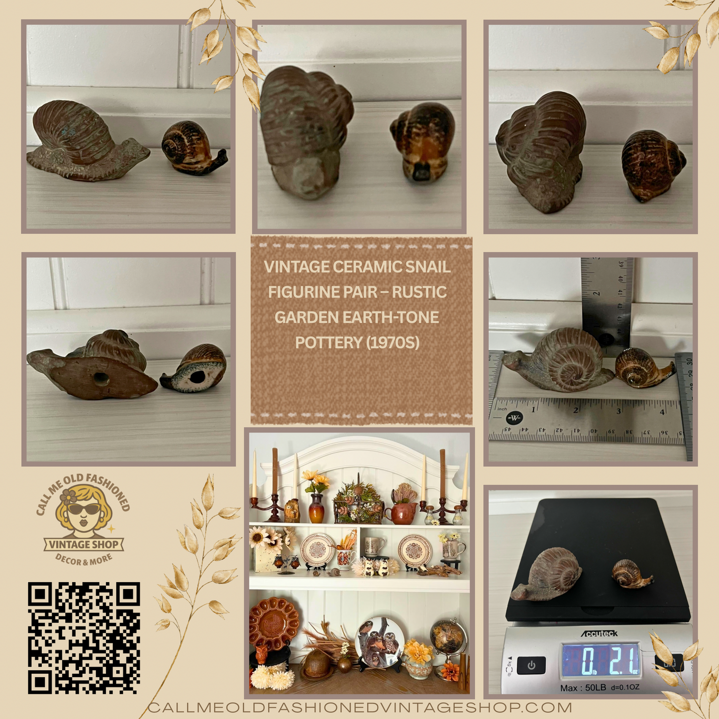 Vintage Ceramic Snail Figurine Pair – Rustic Garden Earth-Tone Pottery (1970s)