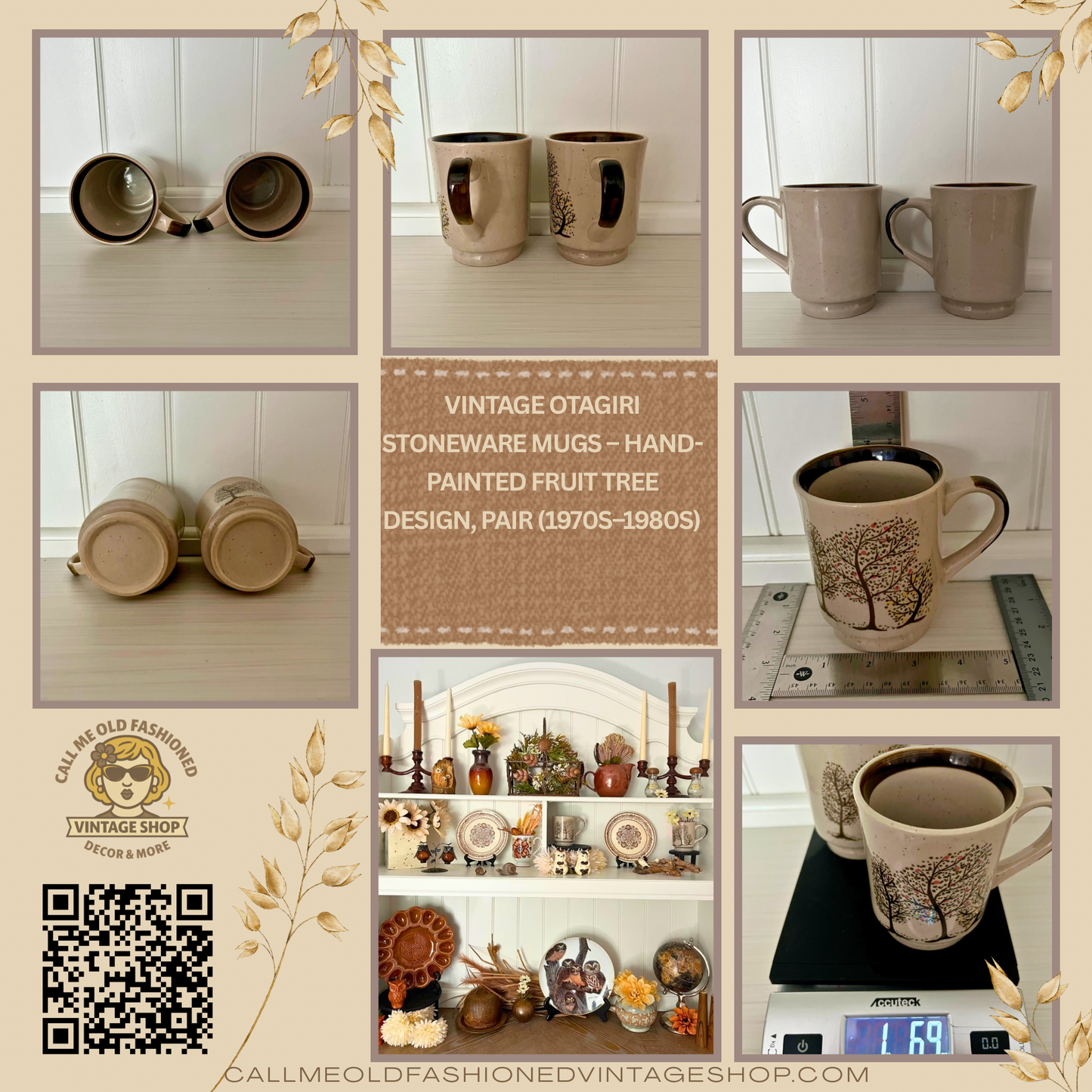 Vintage Otagiri Stoneware Mugs – Hand-Painted Fruit Tree Design, Pair (1970s–1980s)