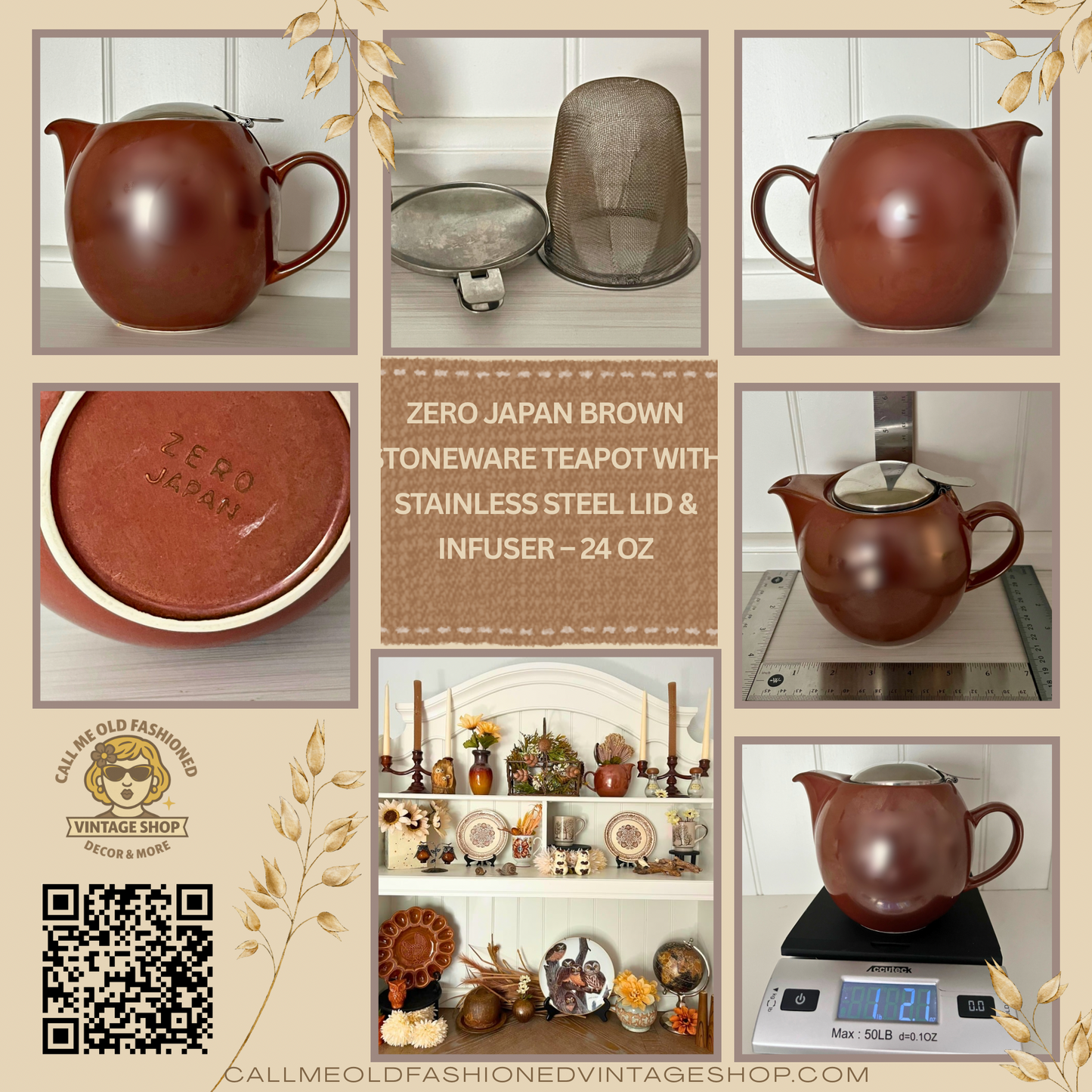 Zero Japan Brown Stoneware Teapot with Stainless Steel Lid & Infuser – 24 oz