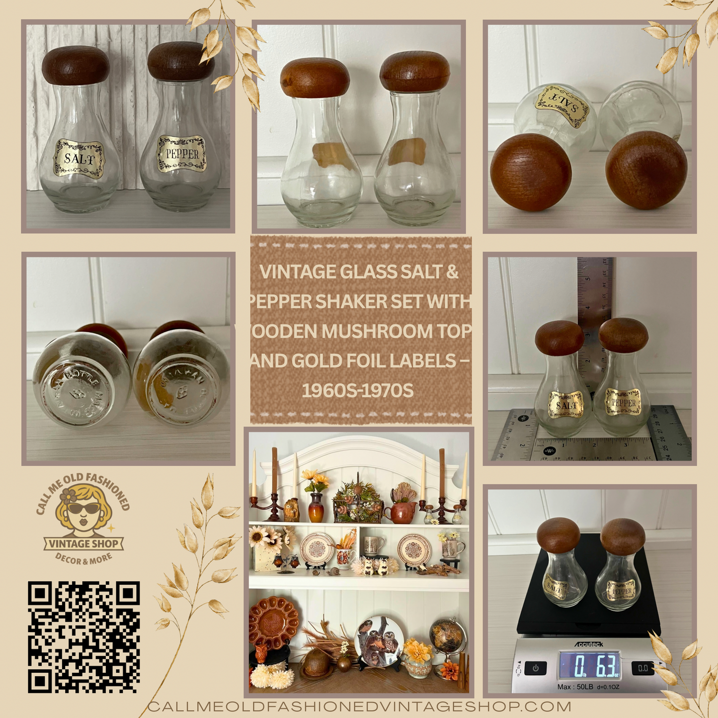 Vintage Glass Salt & Pepper Shaker Set with Wooden Mushroom Tops and Gold Foil Labels – 1960s-1970s