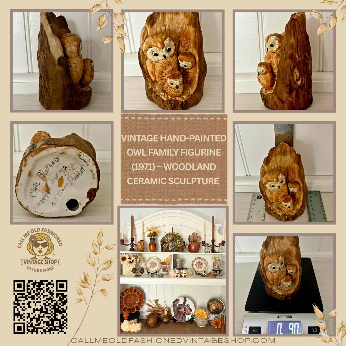Vintage Hand-Painted Owl Family Figurine (1971) – Woodland Ceramic Sculpture