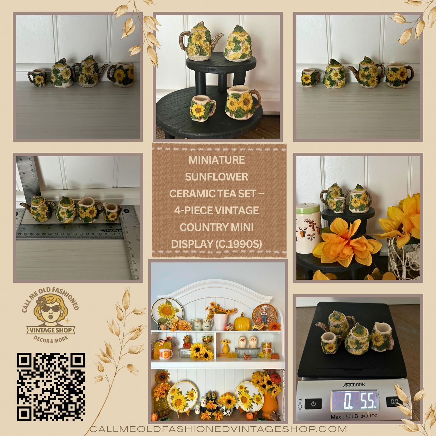 Miniature Sunflower Ceramic Tea Set – 4-Piece Vintage Country Mini Display (c.1990s)