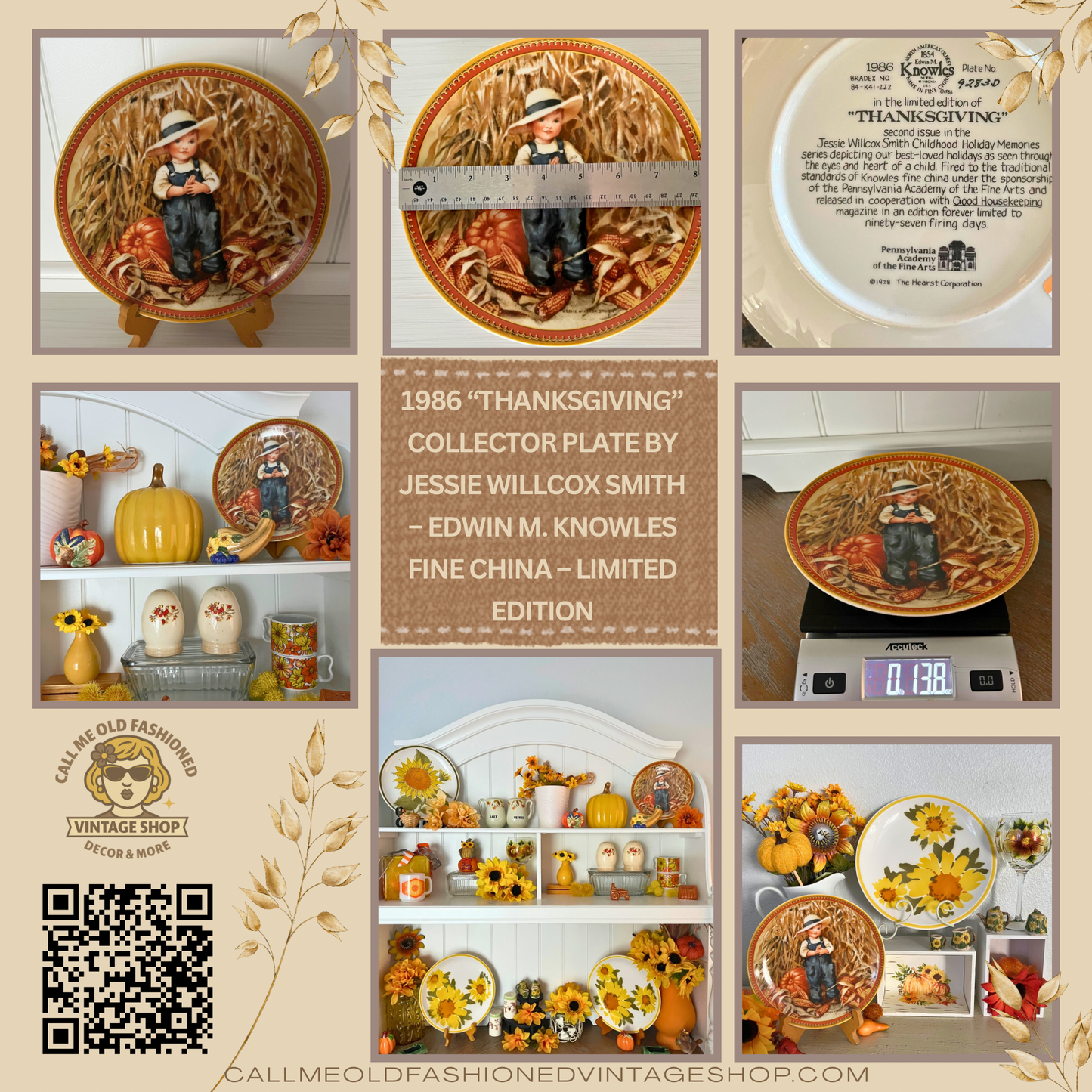 1986 “Thanksgiving” Collector Plate by Jessie Willcox Smith – Edwin M. Knowles Fine China – Limited Edition