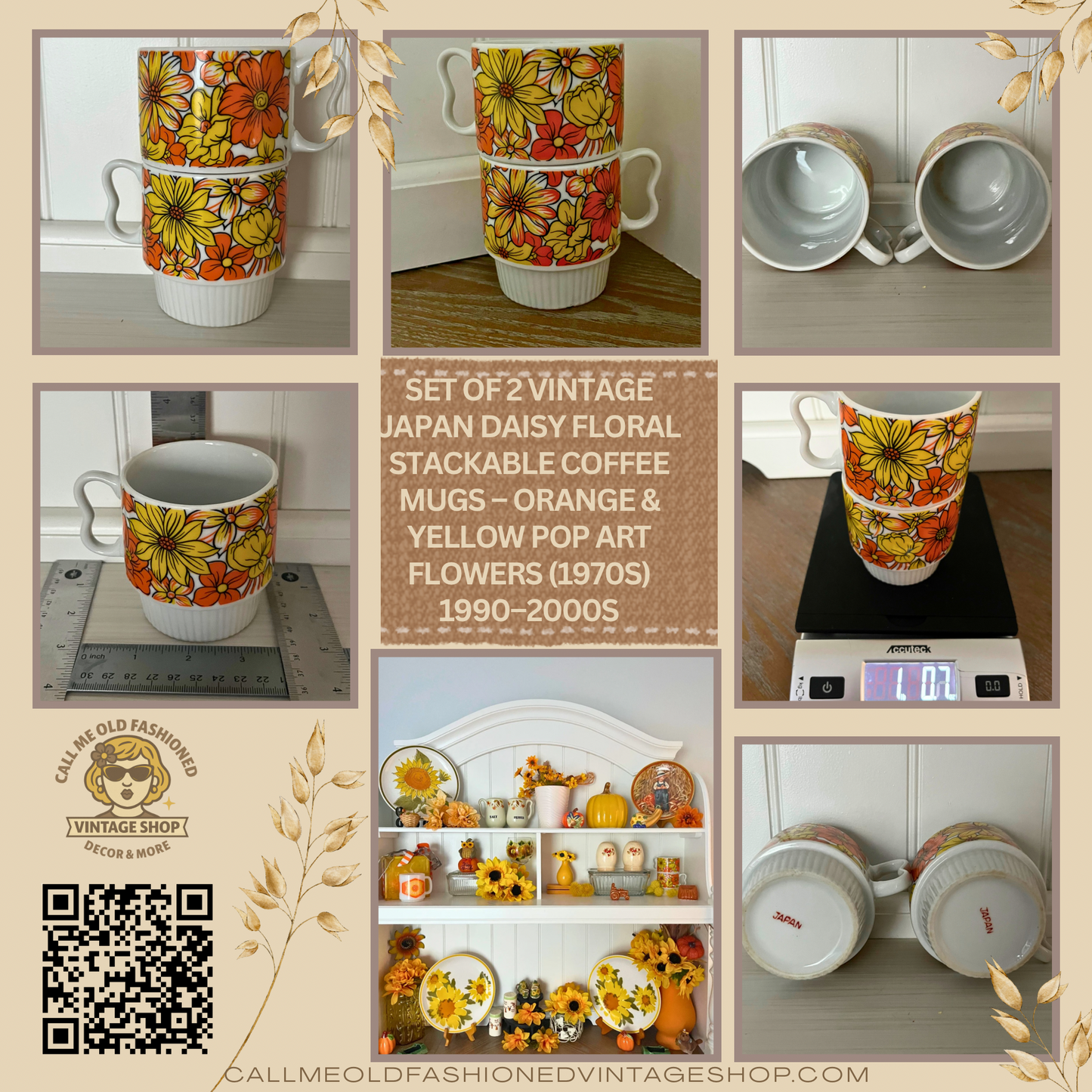 Set of 2 Vintage Japan Daisy Floral Stackable Coffee Mugs – Orange & Yellow Pop Art Flowers (1970s)
