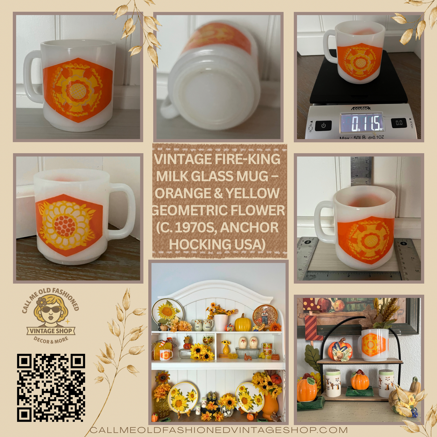 Vintage Fire-King Milk Glass Mug – Orange & Yellow Geometric Flower (c. 1970s, Anchor Hocking USA)