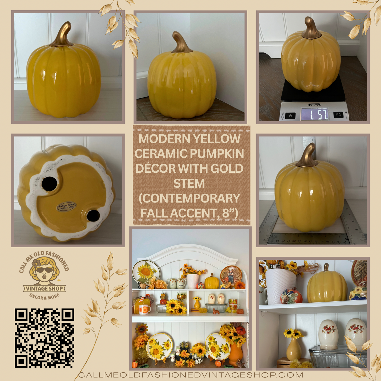 Modern Yellow Ceramic Pumpkin Décor with Gold Stem (Contemporary Fall Accent, 8”)