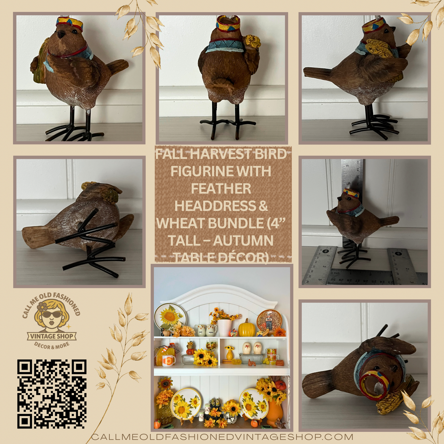 Fall Harvest Bird Resin Figurine with Feather Headdress & Wheat Bundle (4” Tall – Autumn Table Décor)