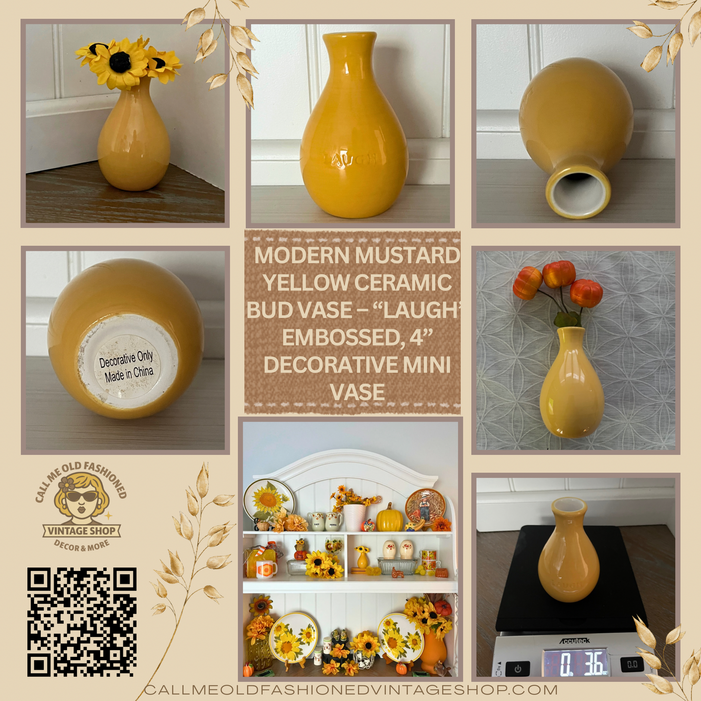 Modern Mustard Yellow Ceramic Bud Vase – “Laugh” Embossed, 4” Decorative Mini Vase