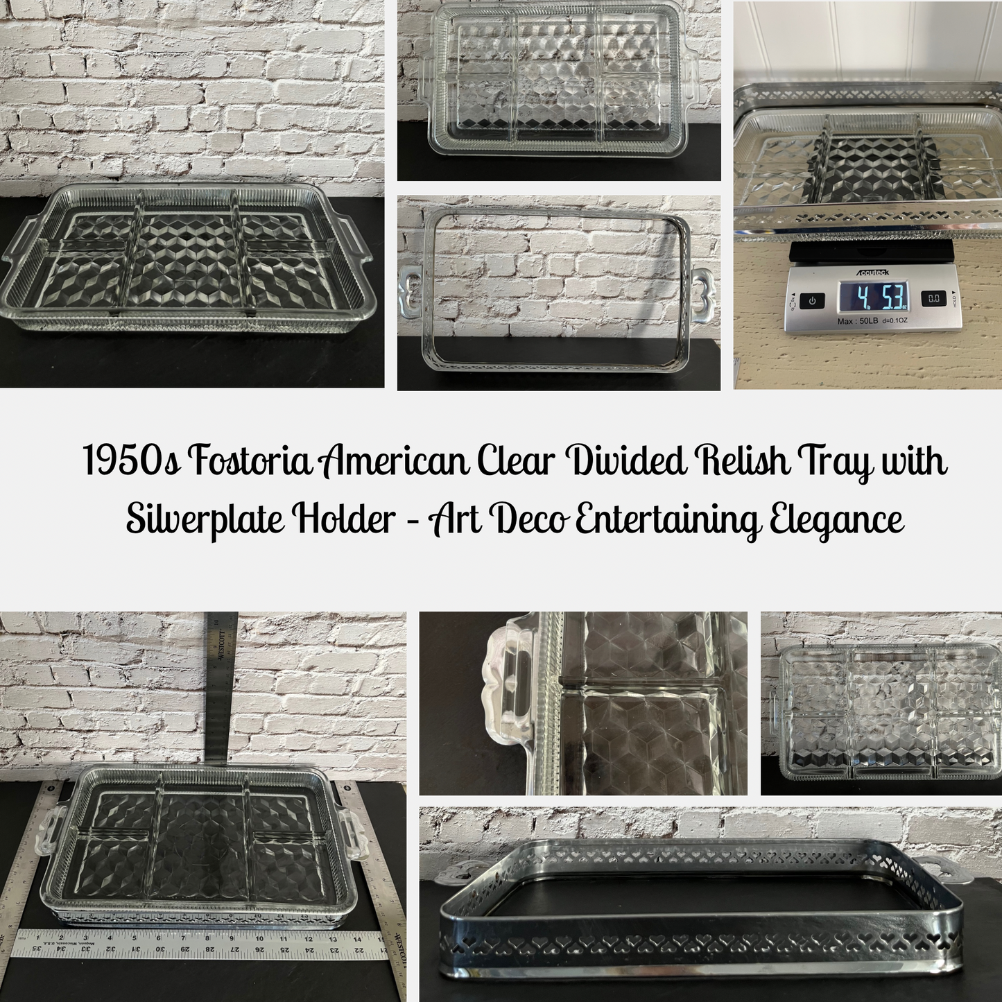 1950s Fostoria American Clear Divided Relish Tray with Silverplate Holder – Art Deco Entertaining Elegance