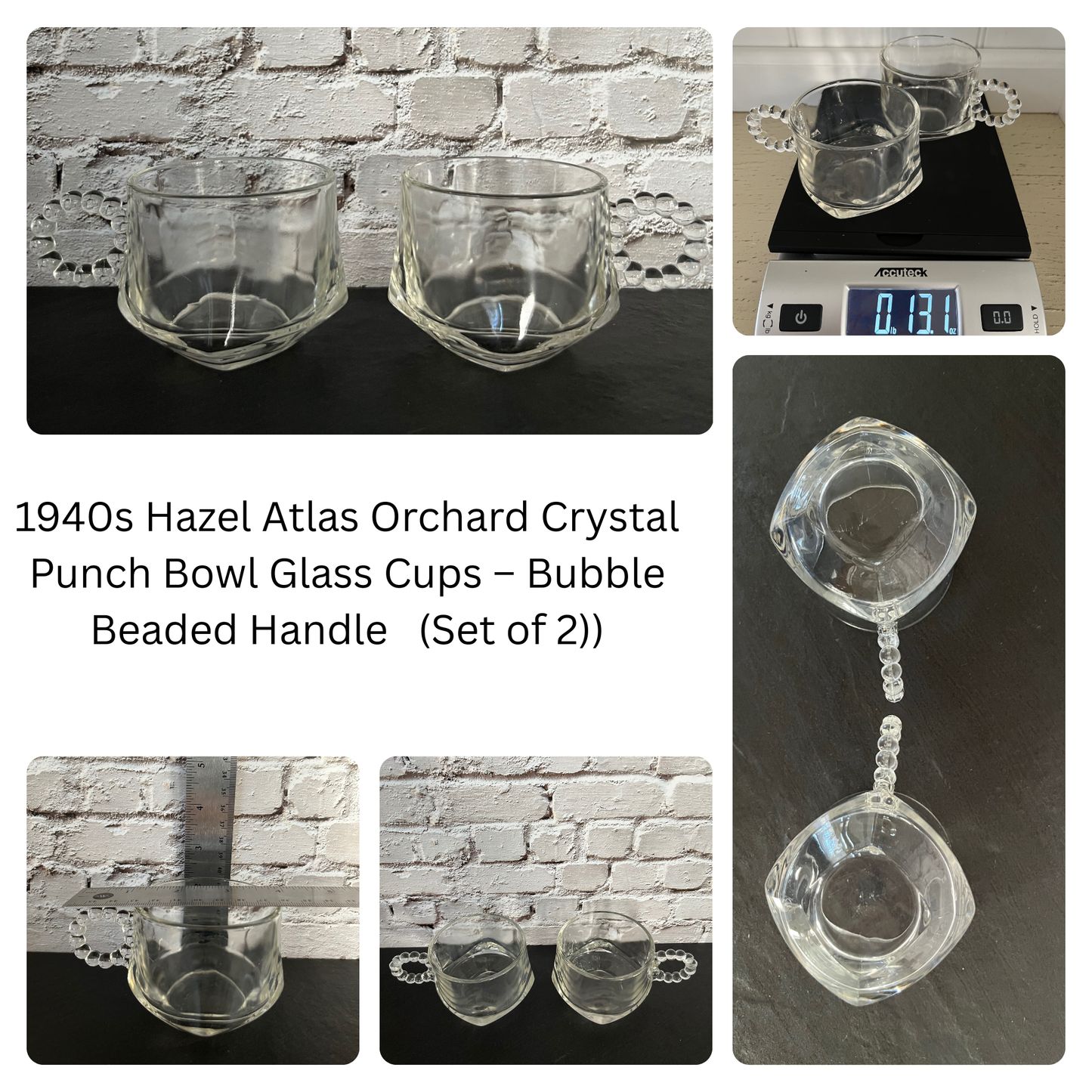 1940s Hazel Atlas Orchard Crystal Punch Bowl Cups – Bubble Handle Beaded Glass (Set of 2)