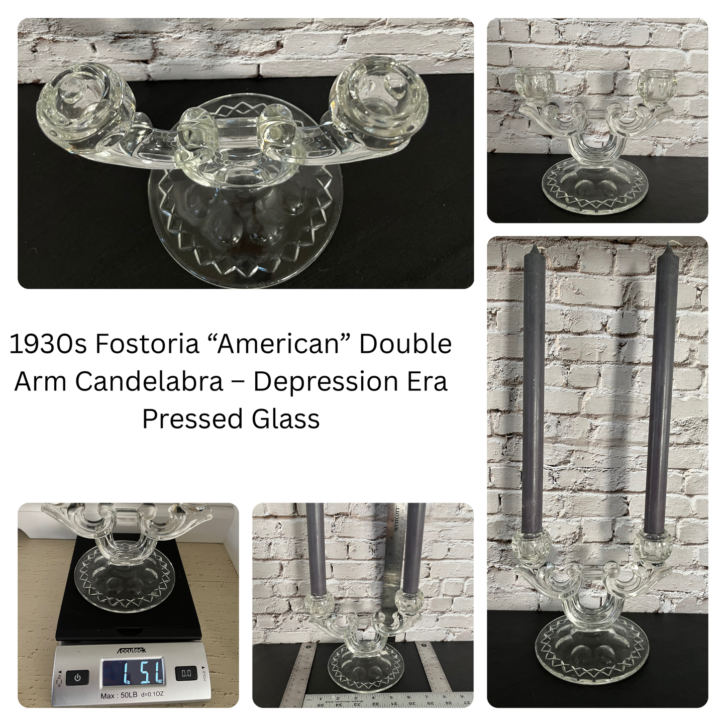 Set of 2 1930s Fostoria “American” Pattern Double Arm Candelabra – Depression Era Pressed Glass