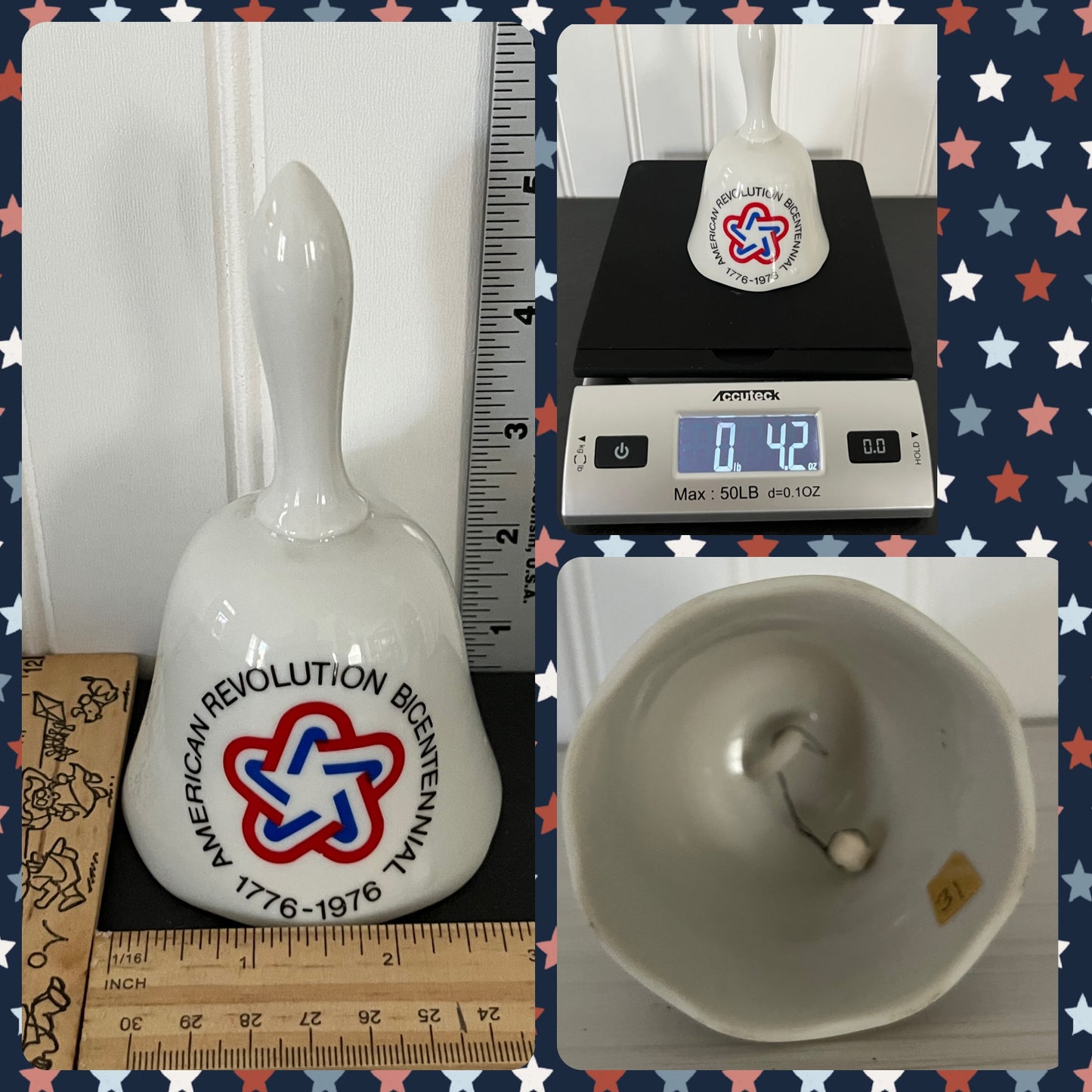 Vintage 70s American Revolution Bicentennial Porcelain Collectors Bell - Red White Blue Flag Design 1776-1976