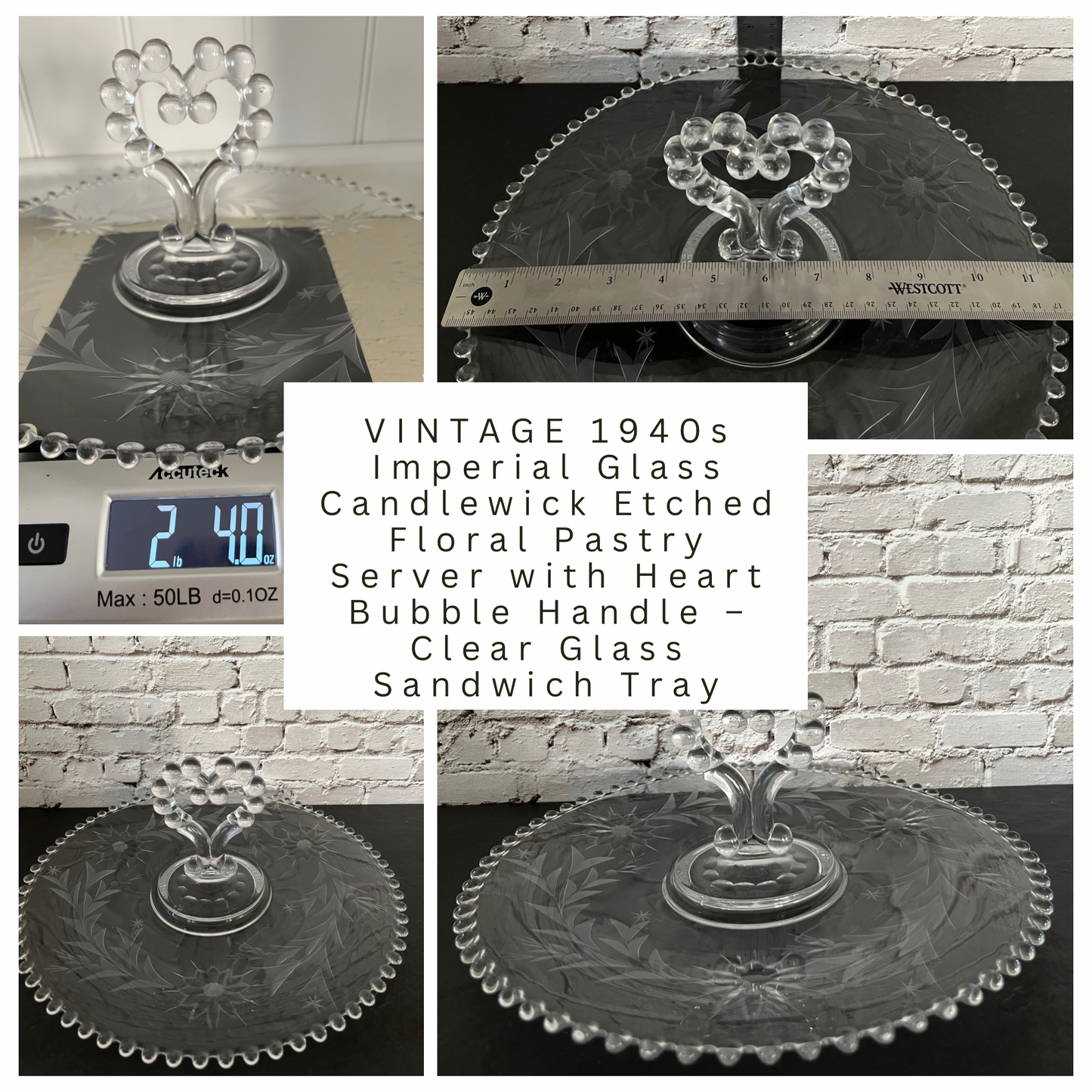 Vintage 1940s Imperial Glass Candlewick Etched Floral Pastry Server with Heart Bubble Handle – Clear Glass Sandwich Tray