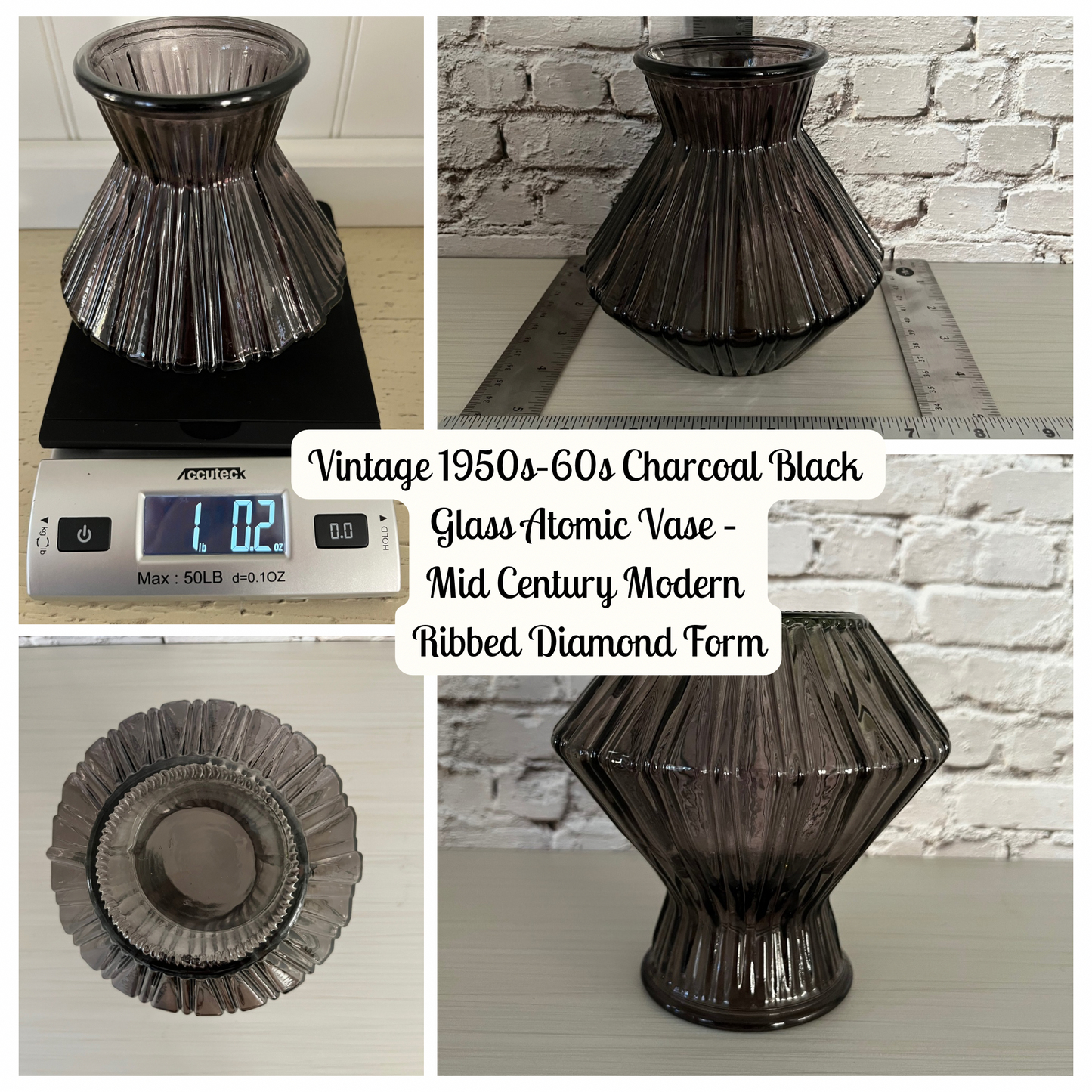 Vintage 1950s–60s Charcoal Black Glass Atomic Vase – Mid Century Modern Ribbed Diamond Form