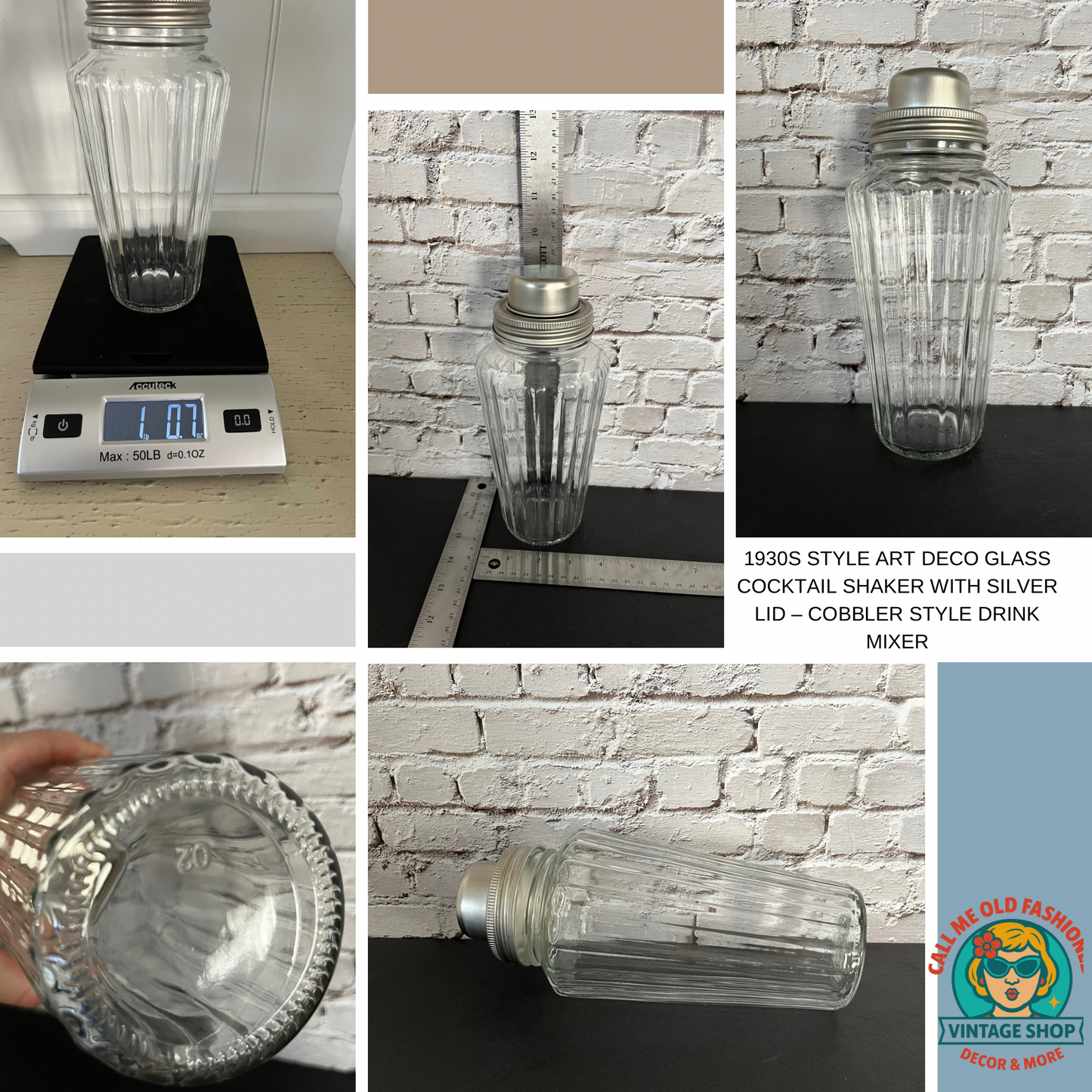 1930s Art Deco Style Glass Cocktail Shaker with Silver Lid – Cobbler Style Drink Mixer