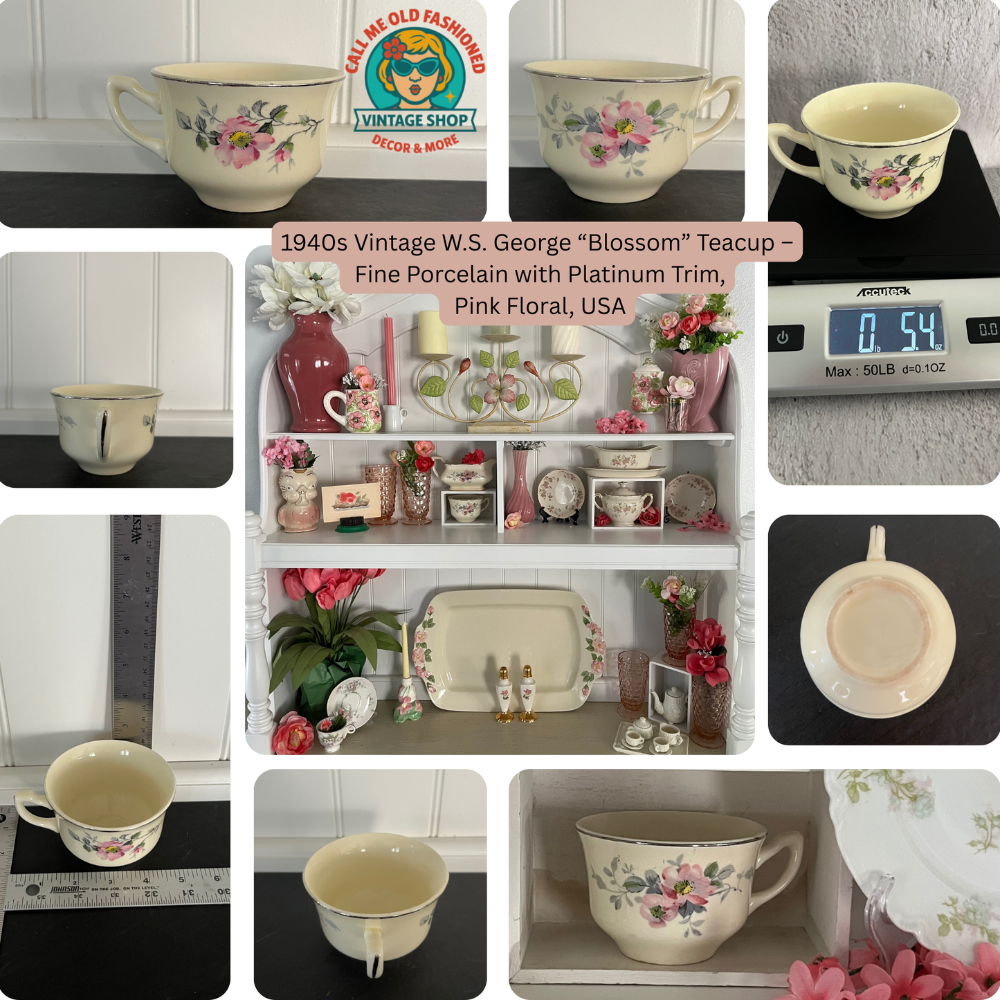 1940s Vintage W.S. George “Blossom” Teacup – Fine Porcelain with Platinum Trim, Pink Floral, USA