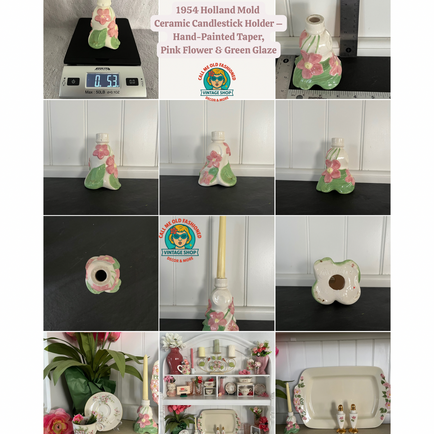 1954 Holland Mold Ceramic Candlestick Holder – Hand-Painted Taper, Pink Flower & Green Glaze
