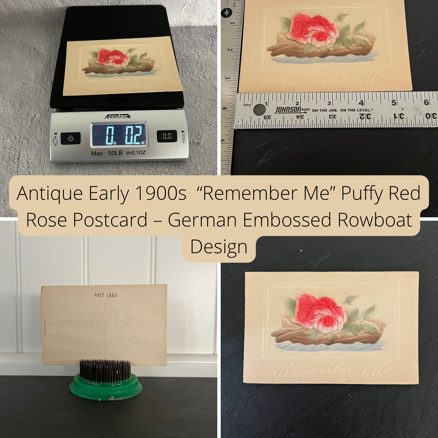 Antique Early 1900s “Remember Me” Puffy Red Rose Postcard – German Embossed Rowboat Design