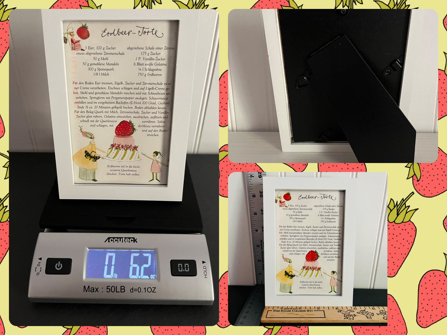 White Framed Erdbeer Torte Recipe Postcard - German Strawberry Cake, 5” x 7”, Unique Decor